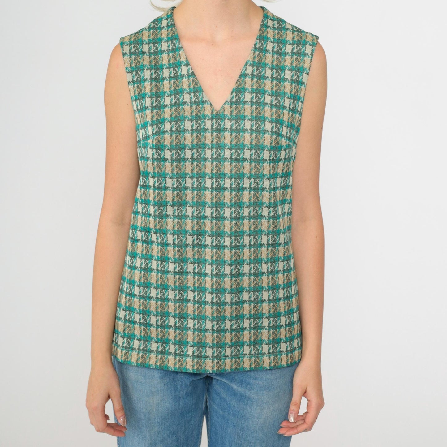 70s Plaid Tank Top Turquoise V-Neck Sleeveless Checkered Shirt Small