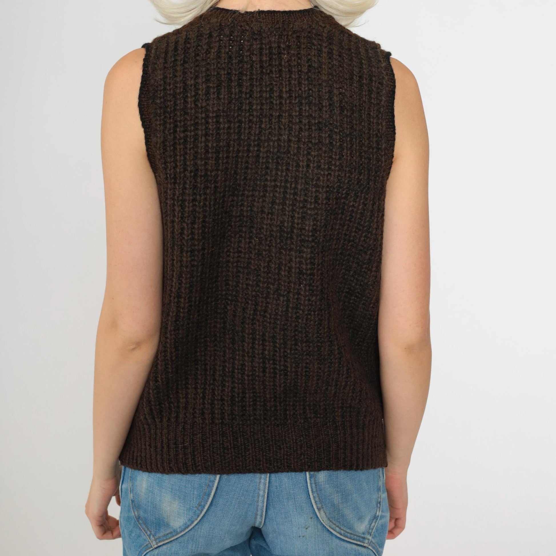 80s Broadway Wool Sweater Vest Brown Ribbed V-Neck Knit Small