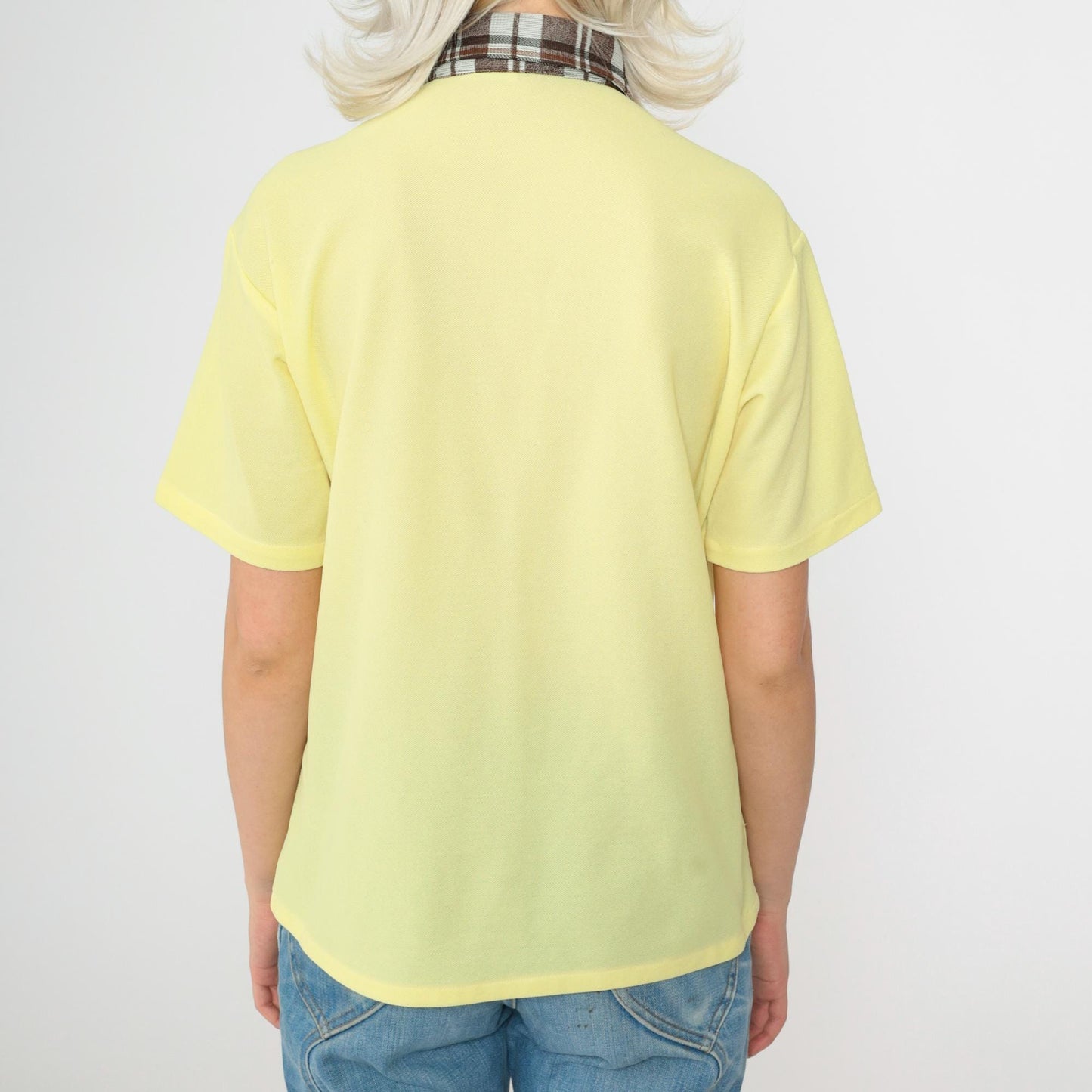 70s Yellow Polo Shirt Brown Checkered Collar Short Sleeve Medium
