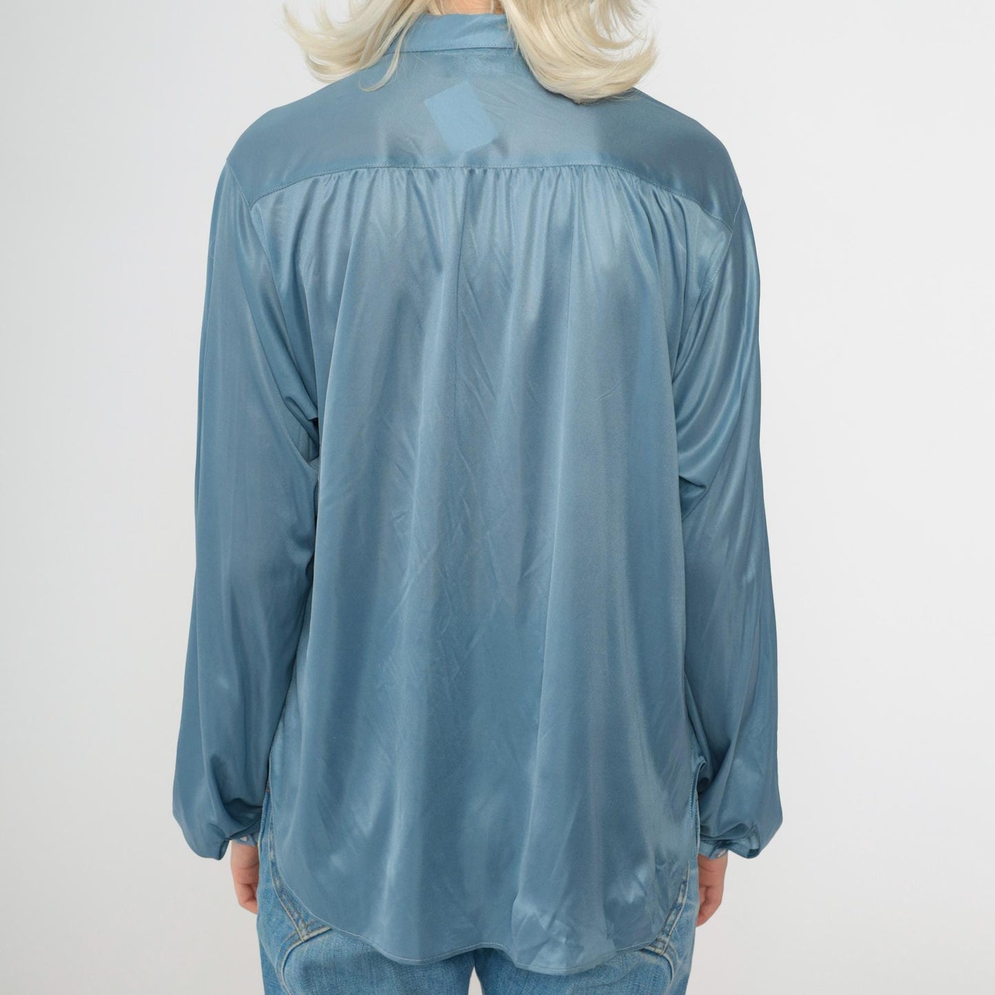70s Blue Peter Pan Collar Button-Up Blouse Long Sleeve Large L