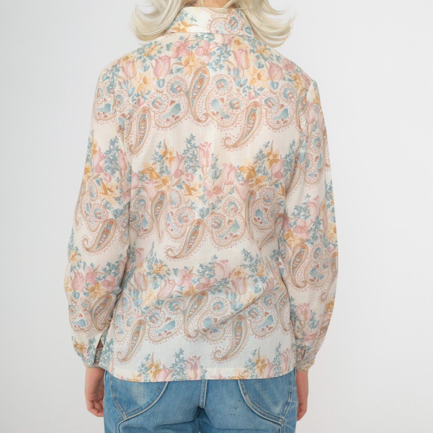 70s Floral Paisley Button-Up Blouse White Long Sleeve Pleated Shirt Small