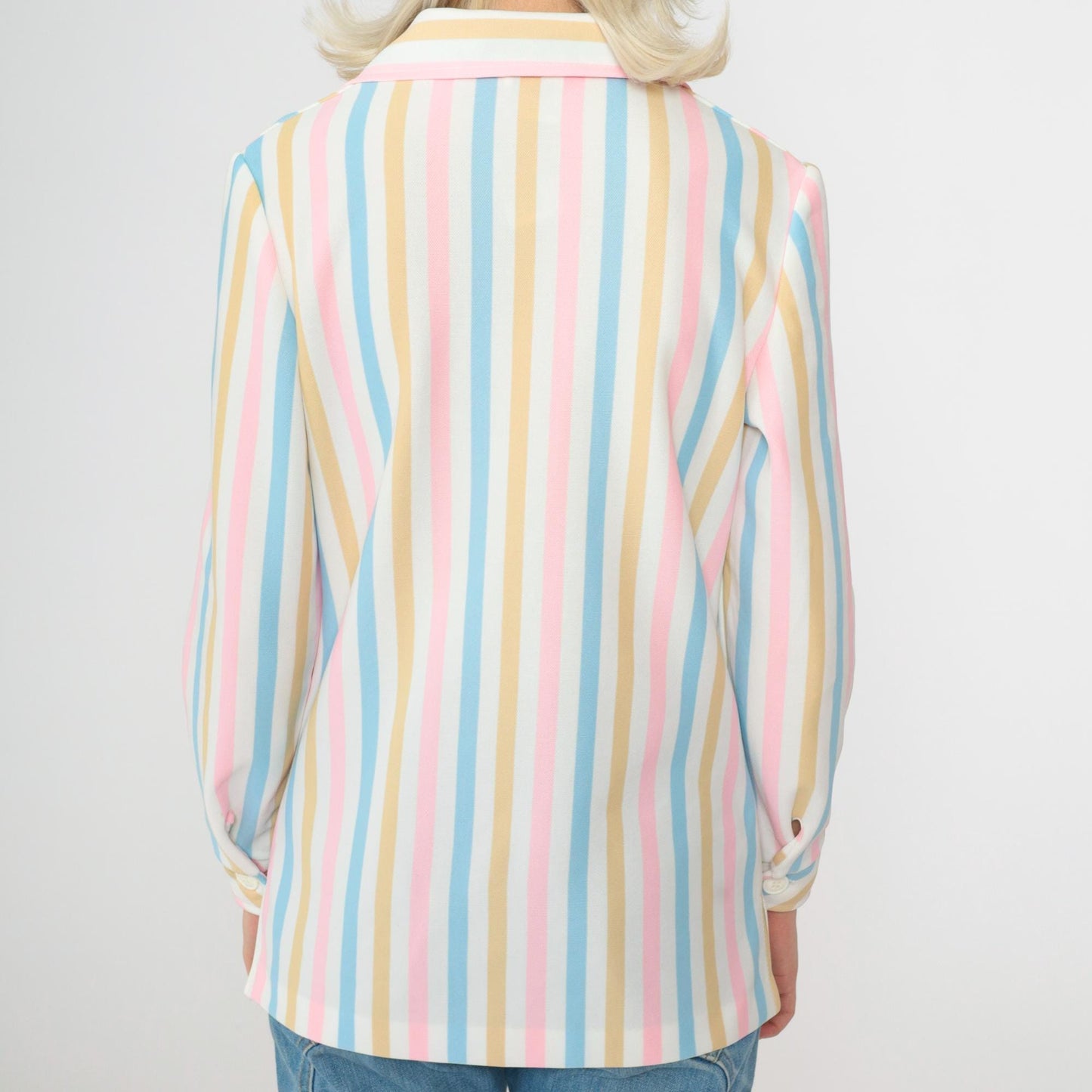 70s Pastel Striped Button-Up Blouse White Pink Blue Long Sleeve Small
