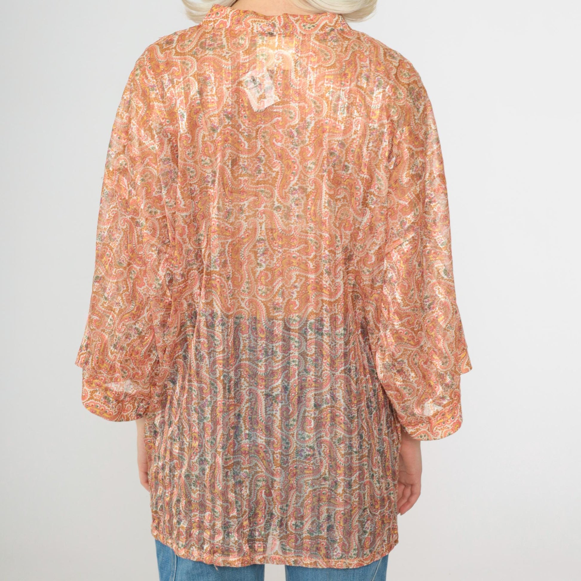 70s Paisley Kimono Jacket Peach Gold Sheer Wide Sleeve Open Front Medium Large