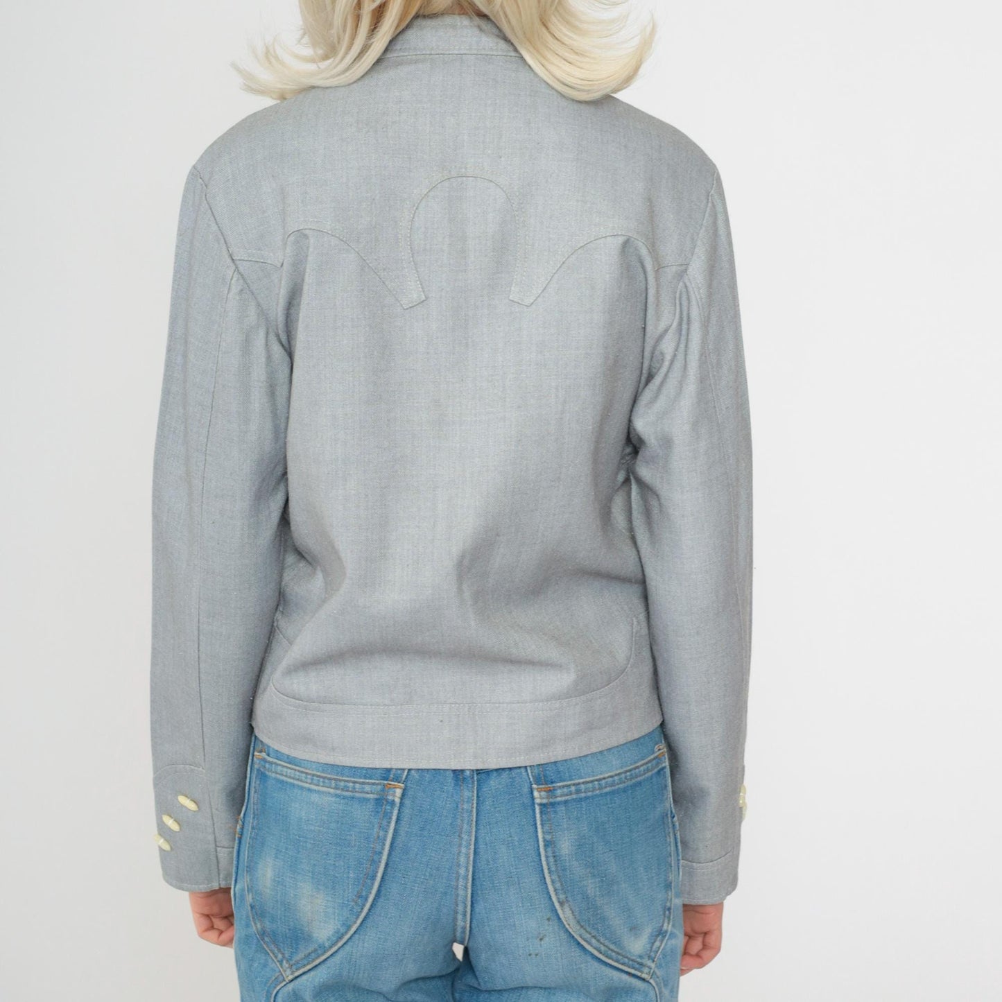 70s Western Jacket Grey Cotton Blend Toggle Button Mandarin Collar Small