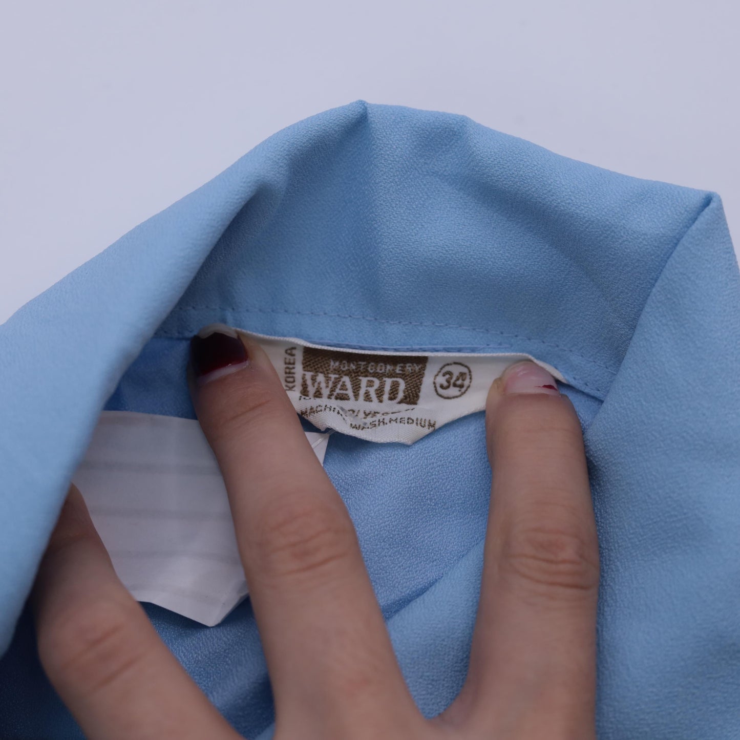 70s Baby Blue Button-Up Blouse Dagger Collar Long Sleeve Small
