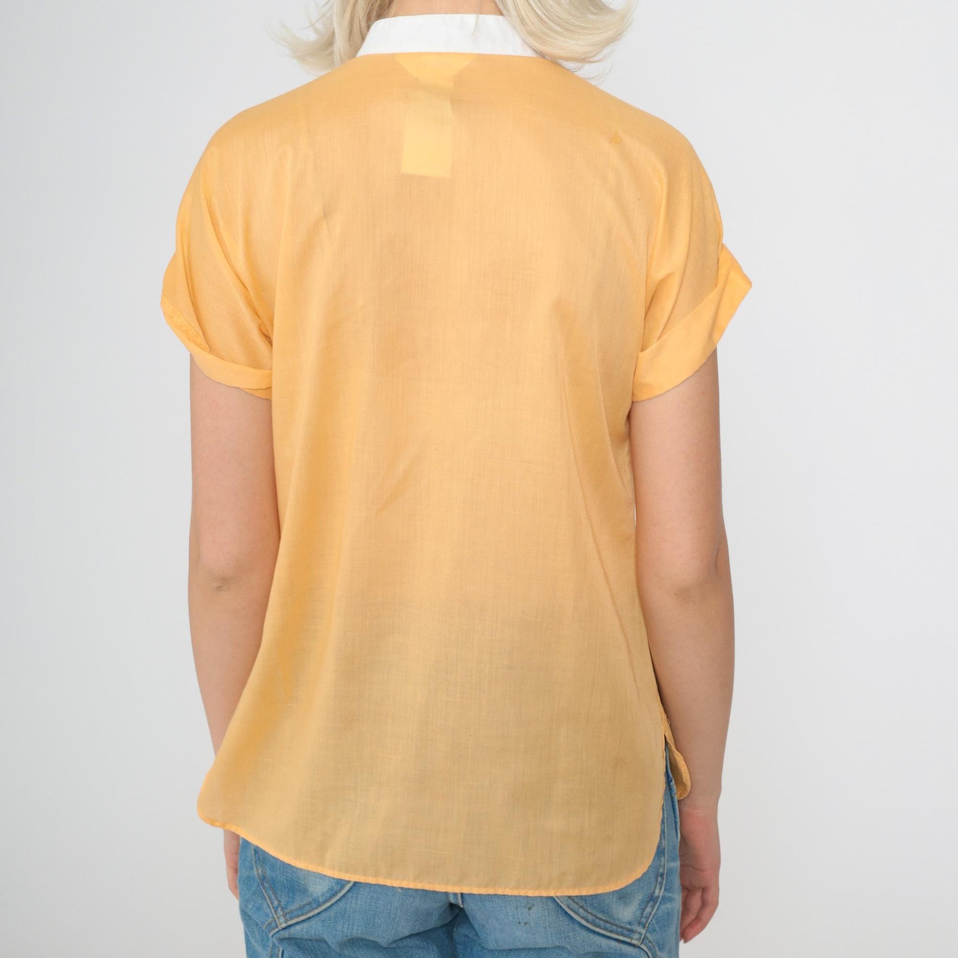 80s Laura Mae Light Orange Mandarin Collar Button-Up Blouse Short Sleeve Small