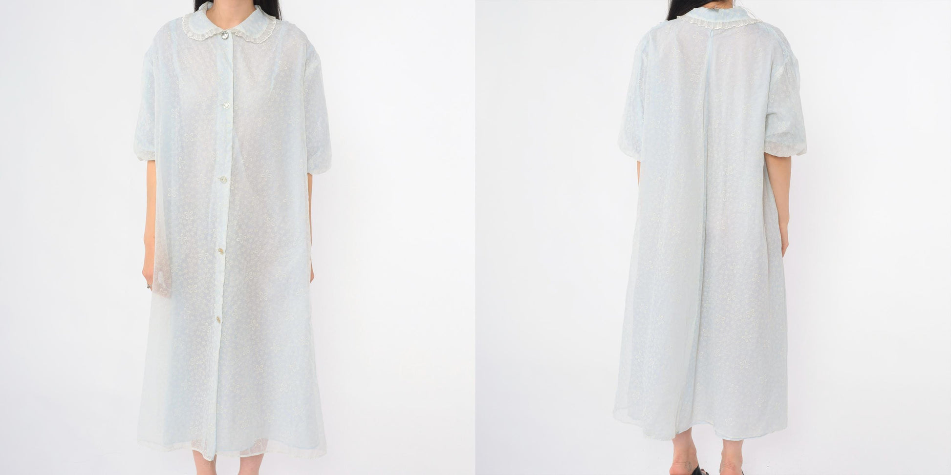60s Light Blue Chiffon Robe Flocked Floral Peter Pan Collar Peignoir Extra Large
