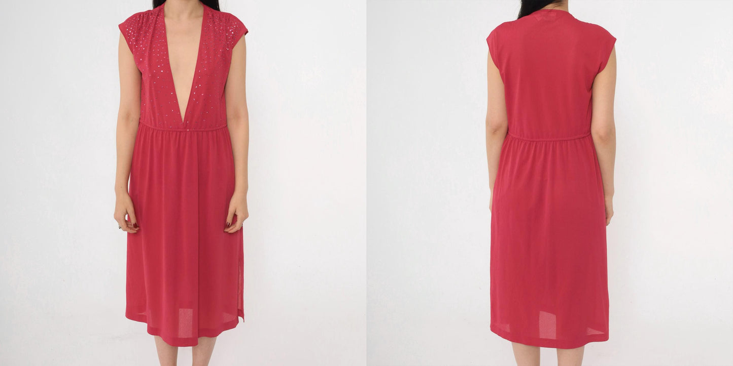 70s Raspberry Glitter Midi Dress Plunge V Neckline Cap Sleeve Small