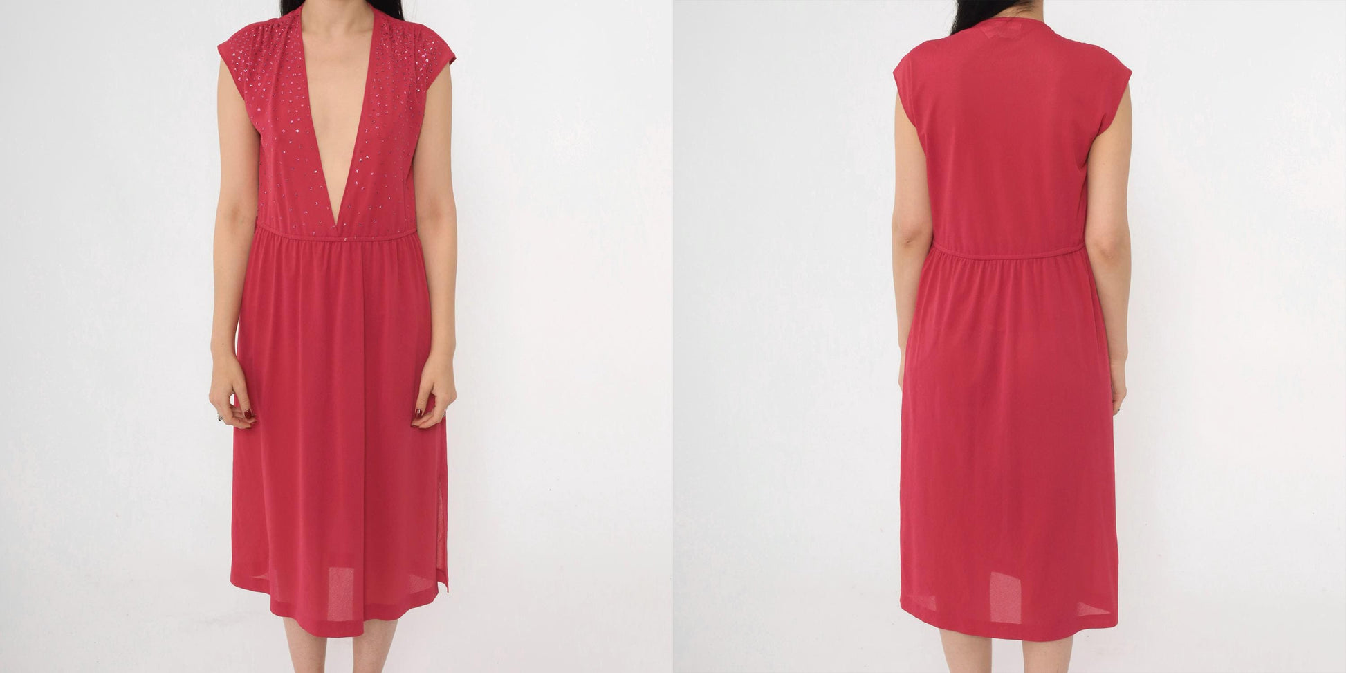 70s Raspberry Glitter Midi Dress Plunge V Neckline Cap Sleeve Small
