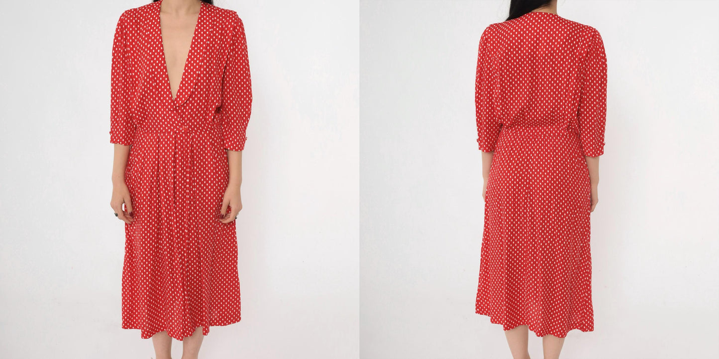 80s Red Polka Dot Midi Dress Deep V Puff Sleeve Pleated Small
