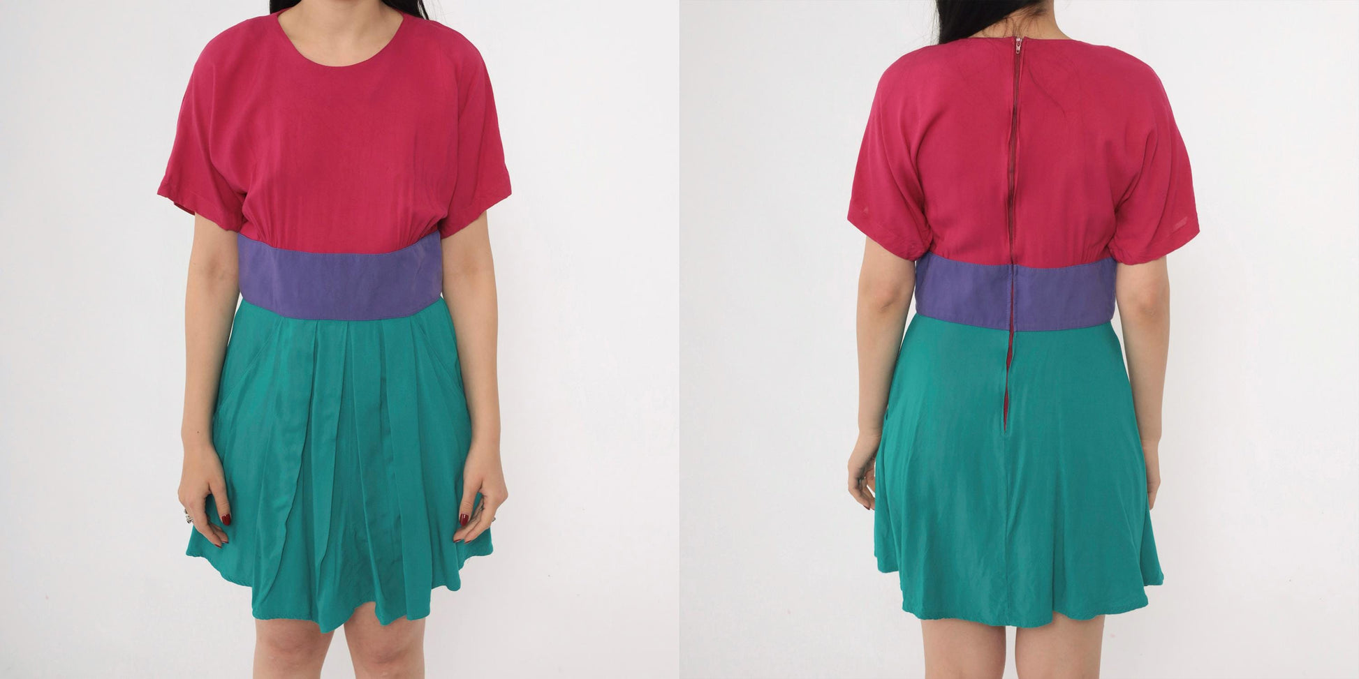 80s Steven Michaels Color Block Mini Dress Fuchsia Teal Purple High Waist Medium