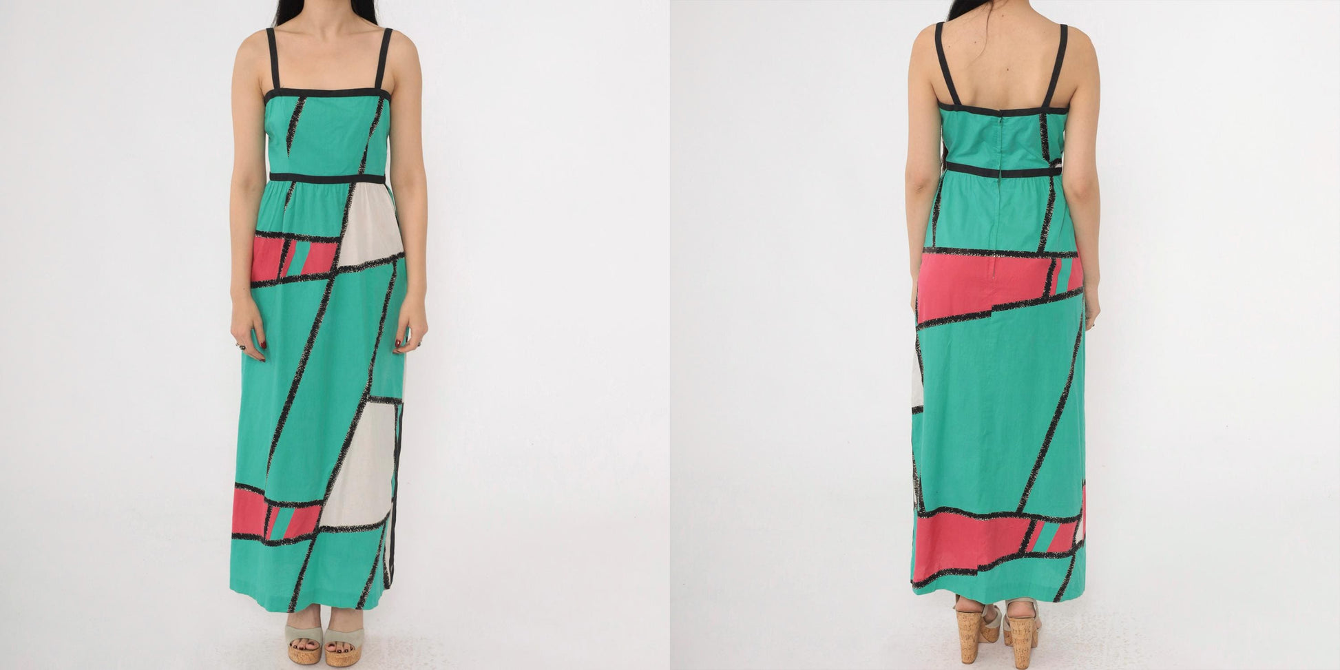 80s Teal Fuchsia Colorblock Maxi Sundress Spaghetti Strap High Waist Extra Small