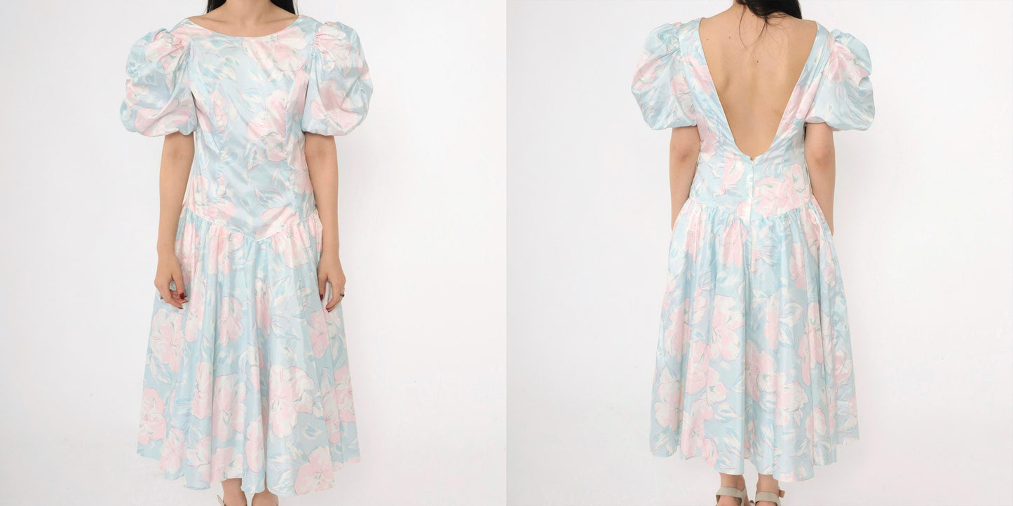 80s Pastel Floral Midi Dress Puff Sleeve Basque Waist Blue Pink Small