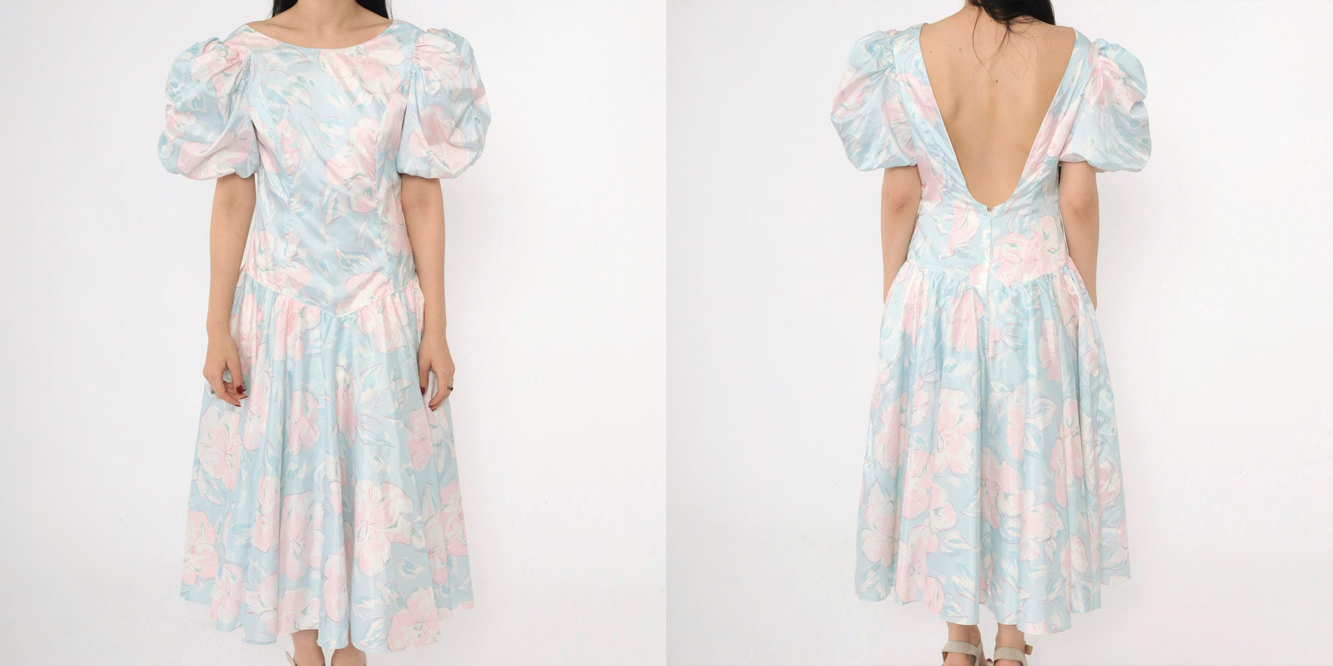 80s Pastel Floral Midi Dress Puff Sleeve Basque Waist Blue Pink Small
