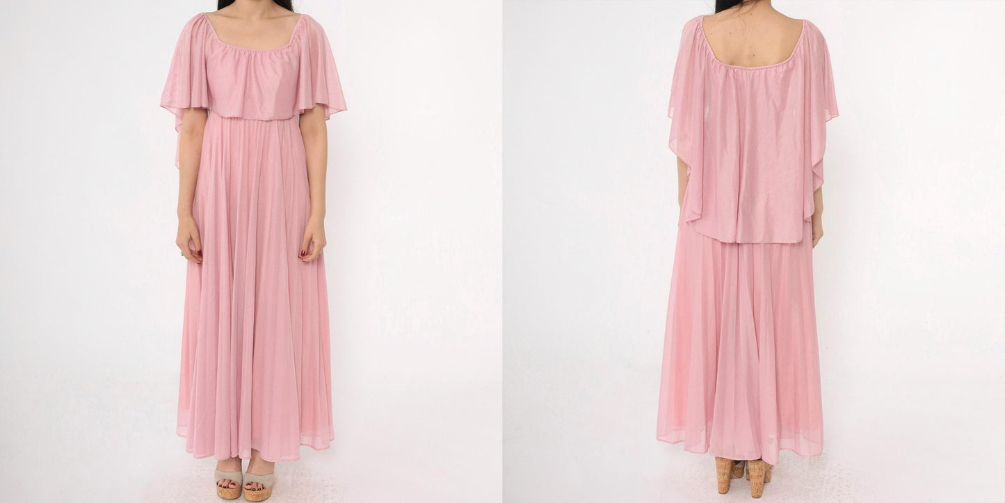 70s Pink Grecian Maxi Dress Capelet Flutter Sleeve High Waist Extra Small