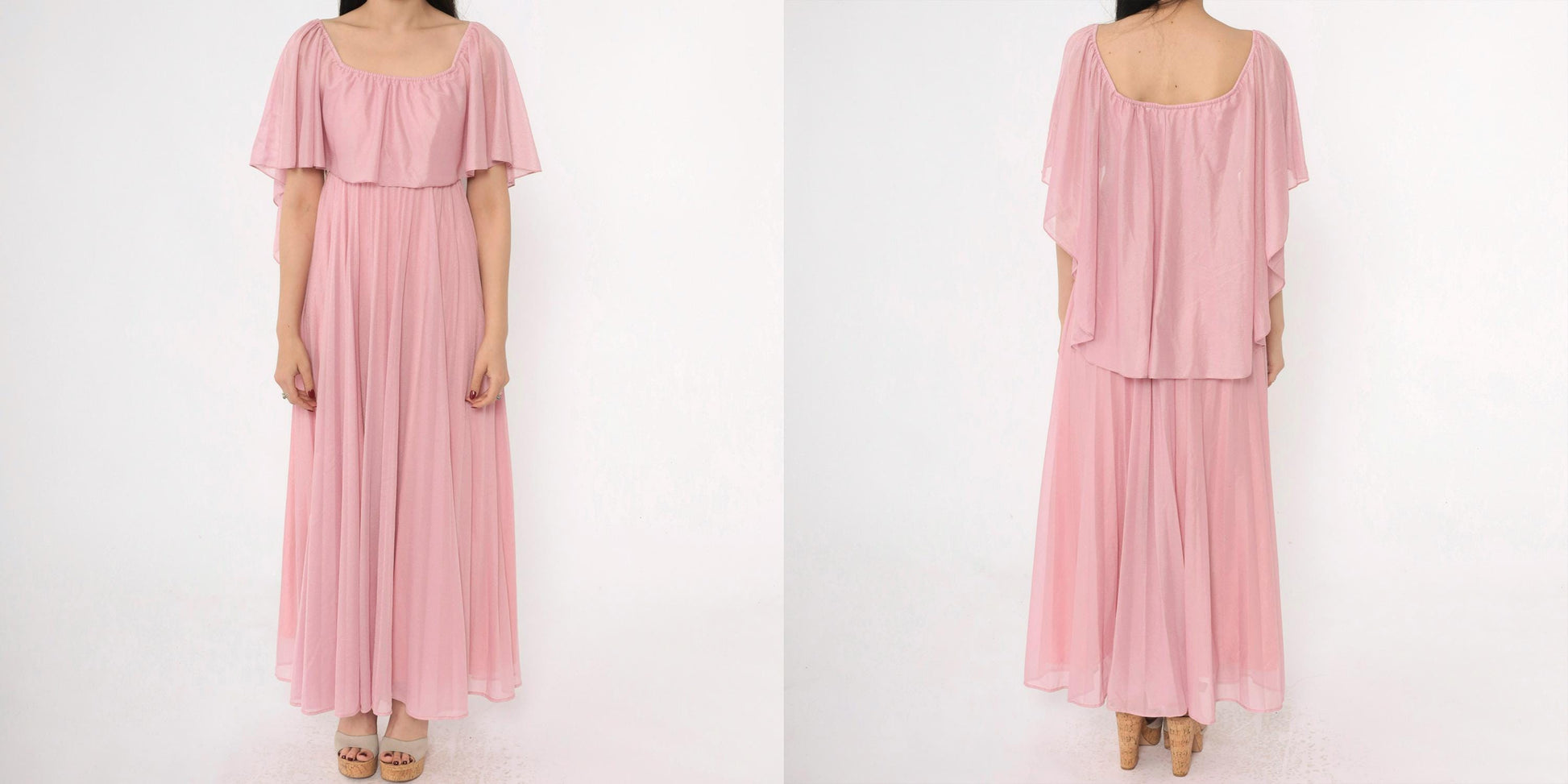 70s Pink Grecian Maxi Dress Capelet Flutter Sleeve High Waist Extra Small