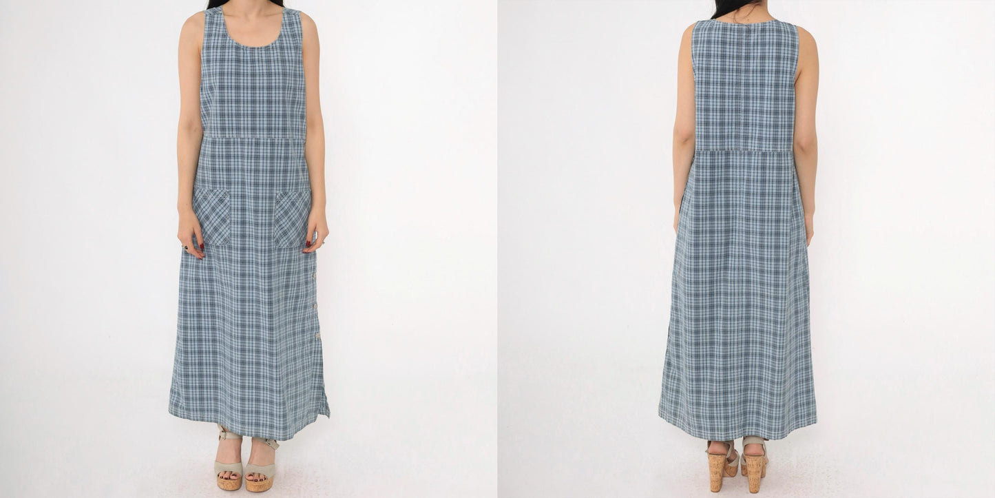 90s Erika & Co Blue Plaid Maxi Jumper Dress Cotton High Waist Medium M