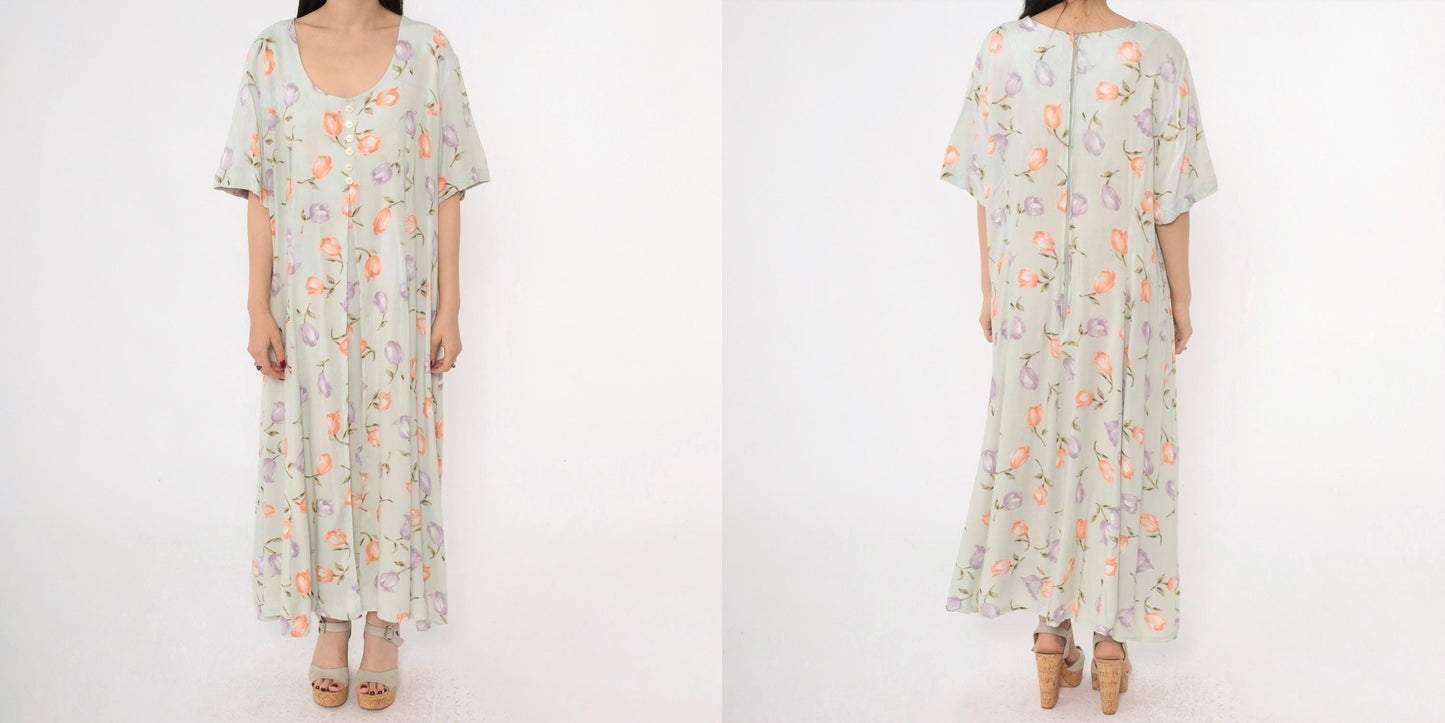 90s Jamie Brooke Floral Maxi Dress Green Button-Up Scoop Neck Short Sleeve XXL