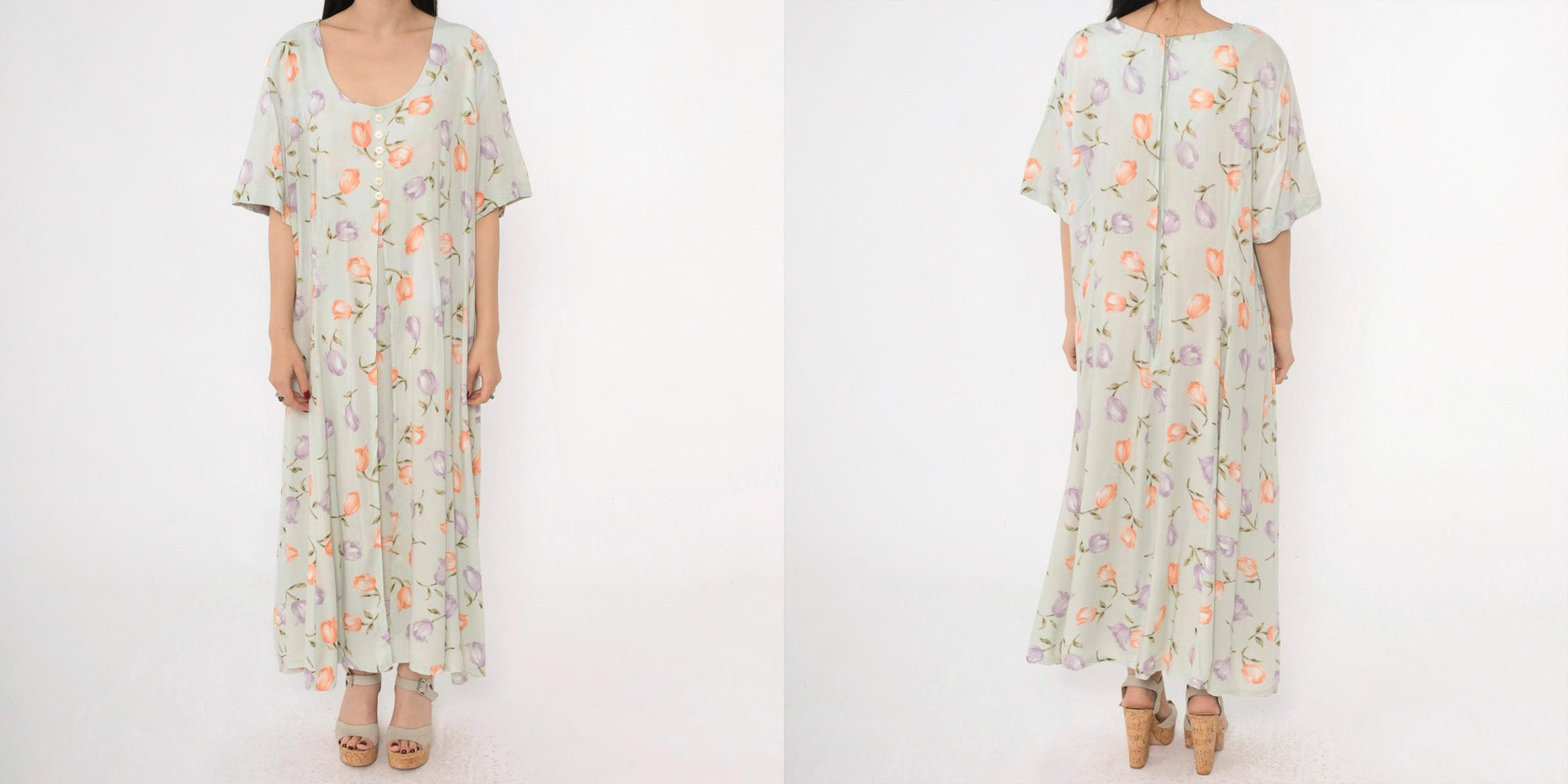 90s Jamie Brooke Floral Maxi Dress Green Button-Up Scoop Neck Short Sleeve XXL