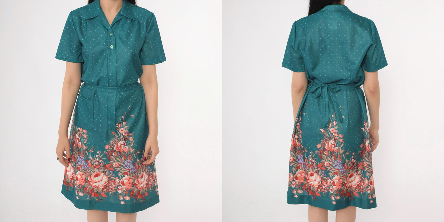 70s Nancy Frock Floral Polka Dot Shift Dress Teal Midi Collared Medium