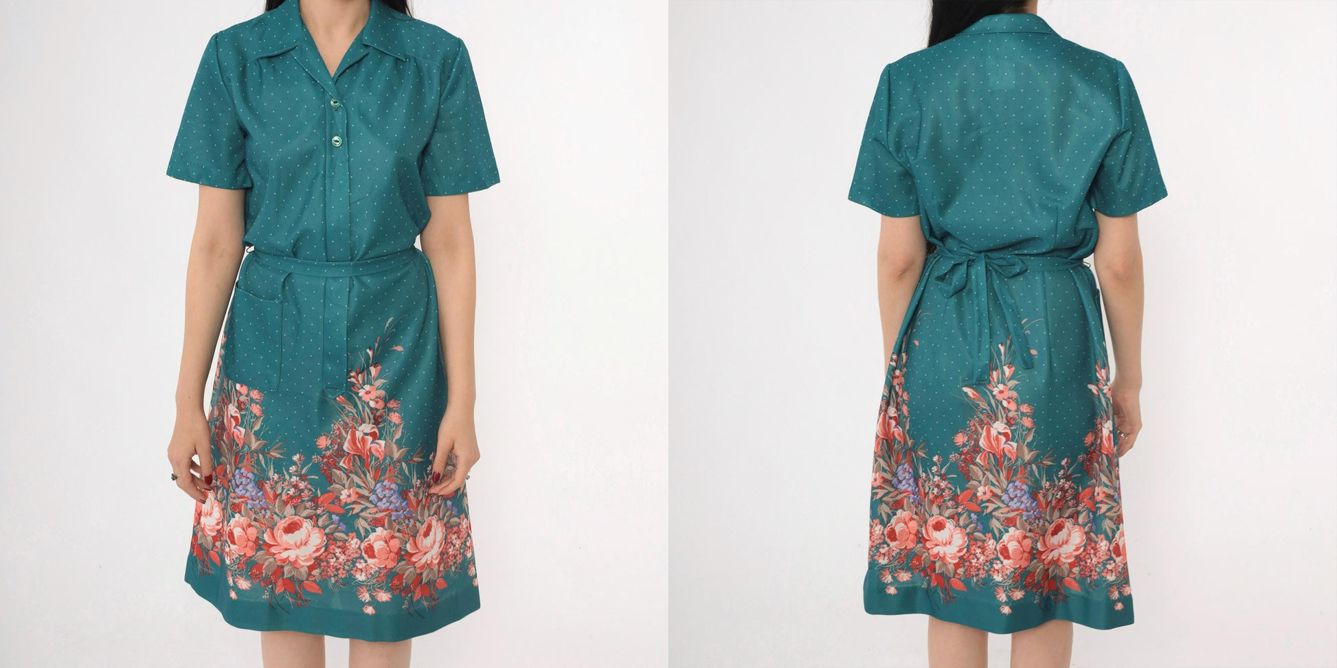 70s Nancy Frock Floral Polka Dot Shift Dress Teal Midi Collared Medium