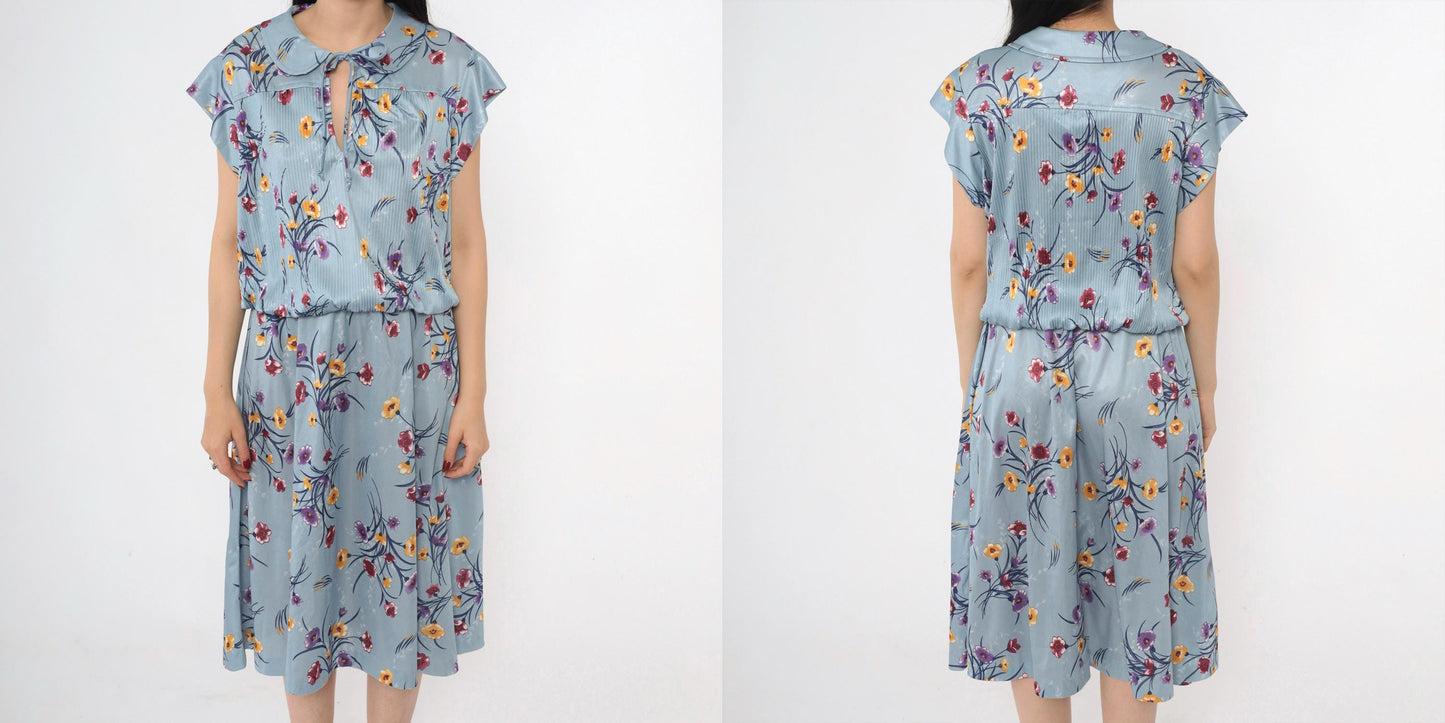 70s Blue Floral Midi Dress High Waist Peter Pan Collar Keyhole Cap Sleeve Extra Large