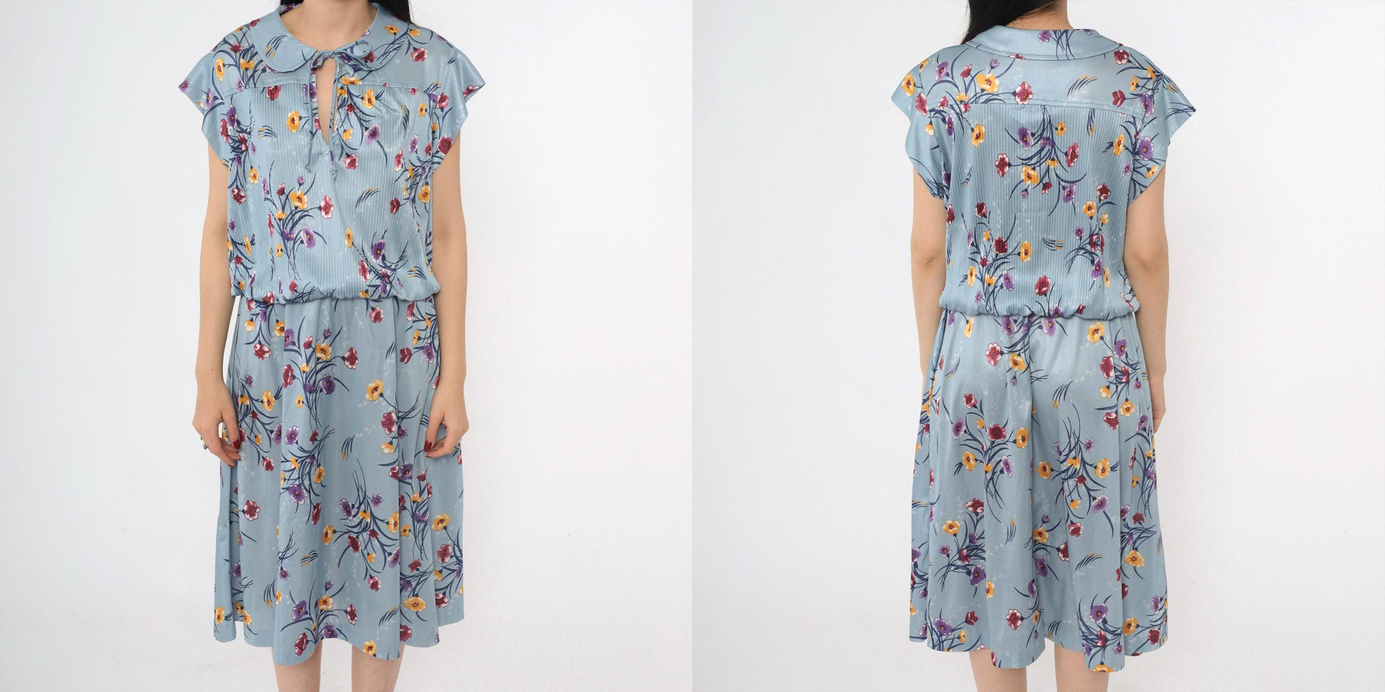 70s Blue Floral Midi Dress High Waist Peter Pan Collar Keyhole Cap Sleeve Extra Large