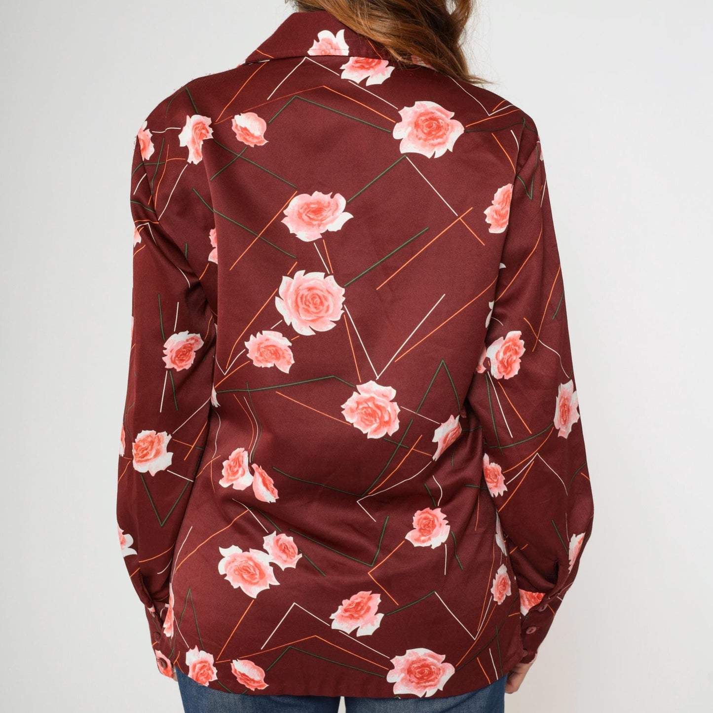 70s Triumph of California Floral Geometric Striped Button Up Shirt Maroon Medium