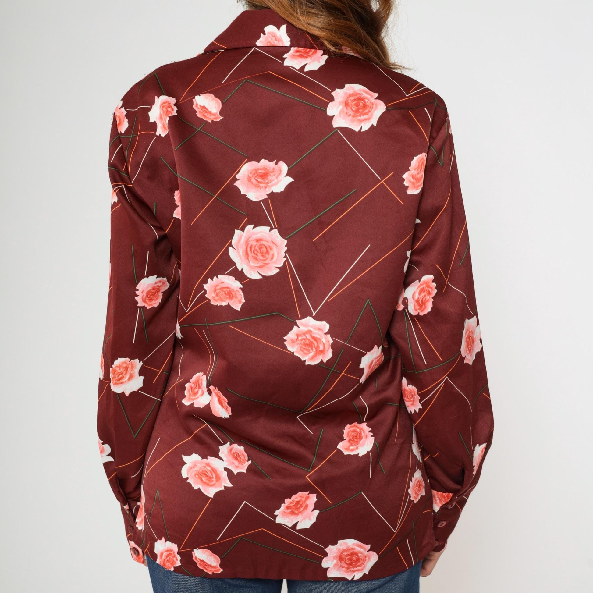 70s Triumph of California Floral Geometric Striped Button Up Shirt Maroon Medium