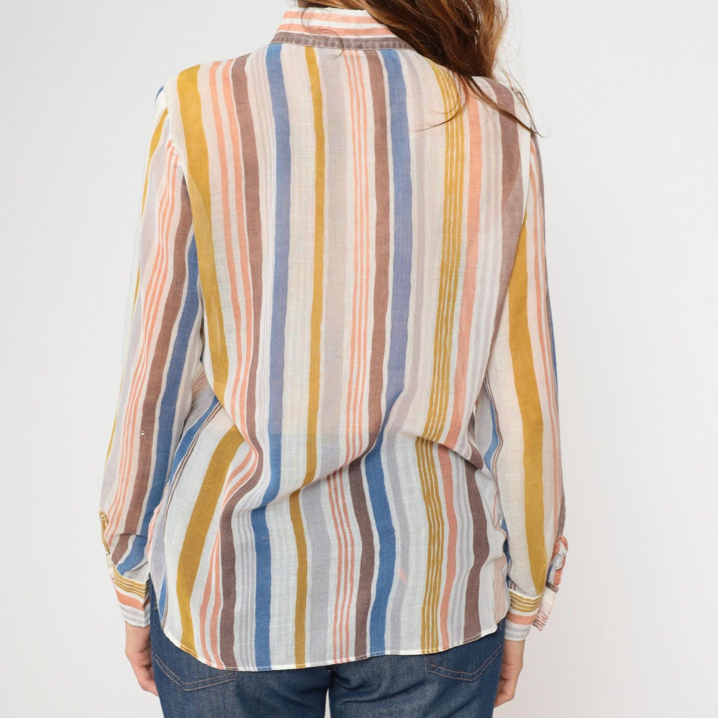 70s Tannerway Striped Button Up Shirt Sheer Earth Tone Long Sleeve Large