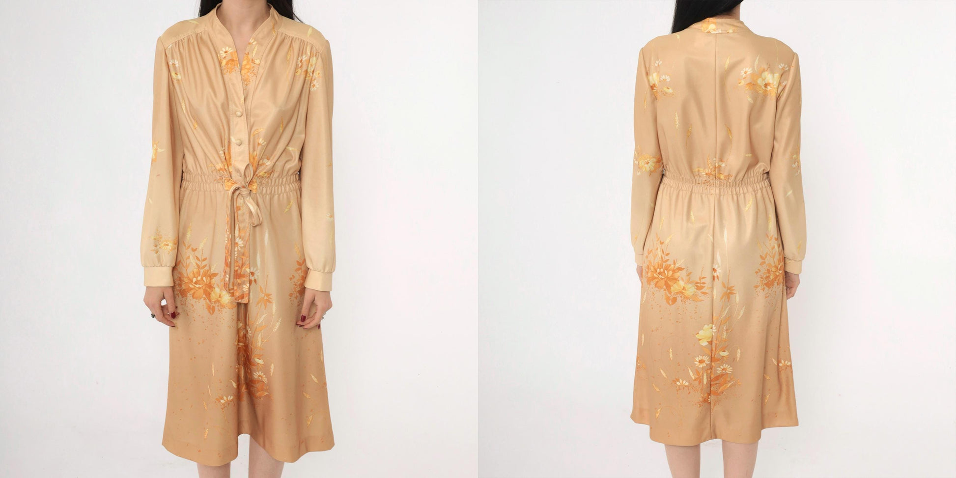 70s Tan Floral Midi Dress Button-Up Smocked Waist Tie Belt Long Sleeve Medium
