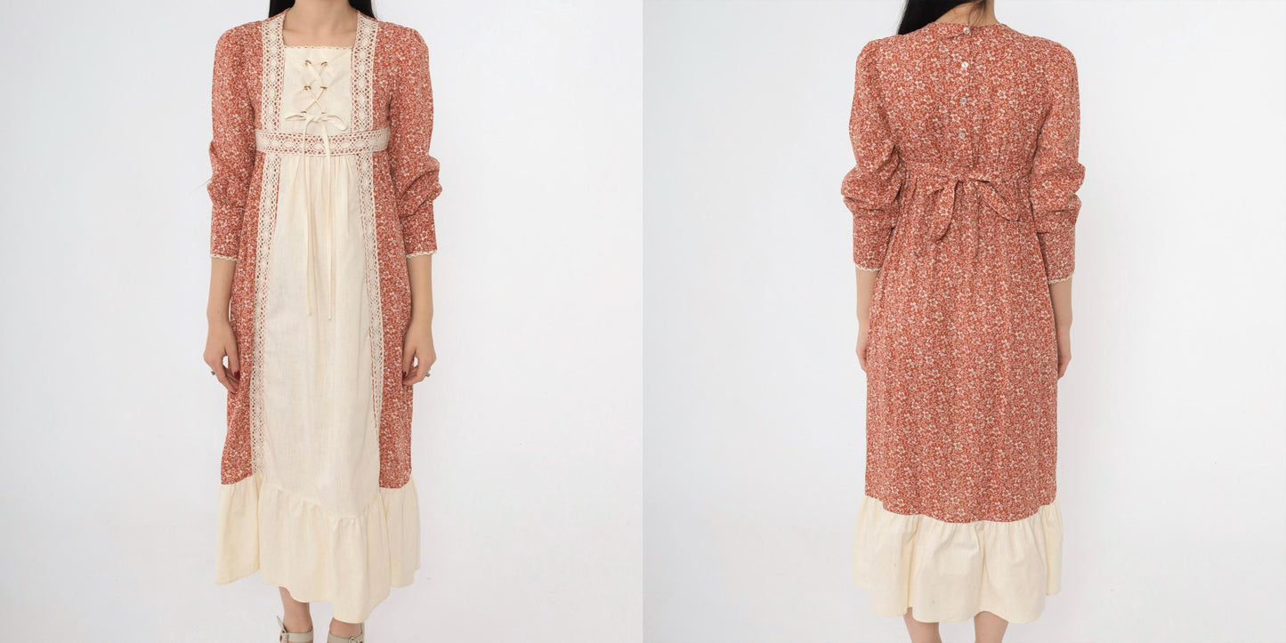 70s Prairie Dress Burnt Orange Calico Floral Midi Puff Sleeve Lace-Up Small
