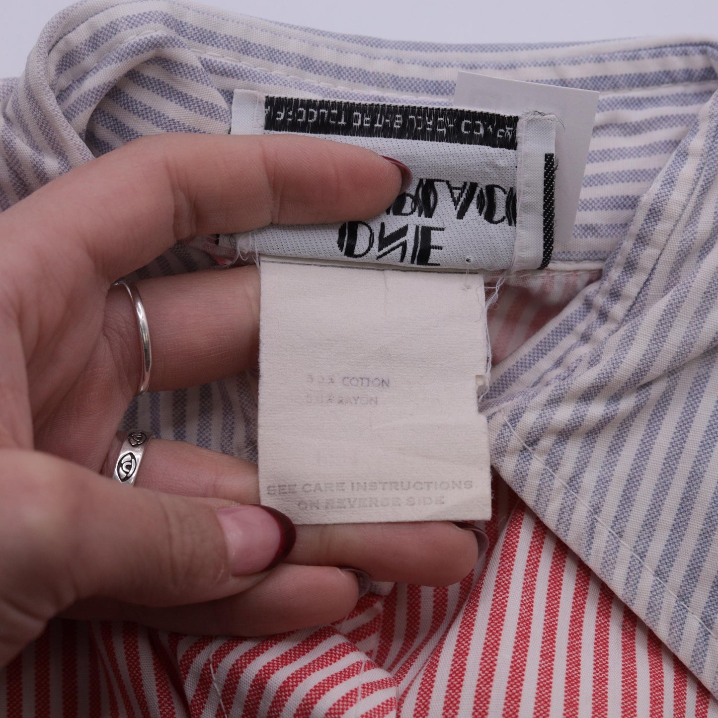 70s Red White Striped Button Up Blouse Dagger Collar Long Sleeve Extra Small