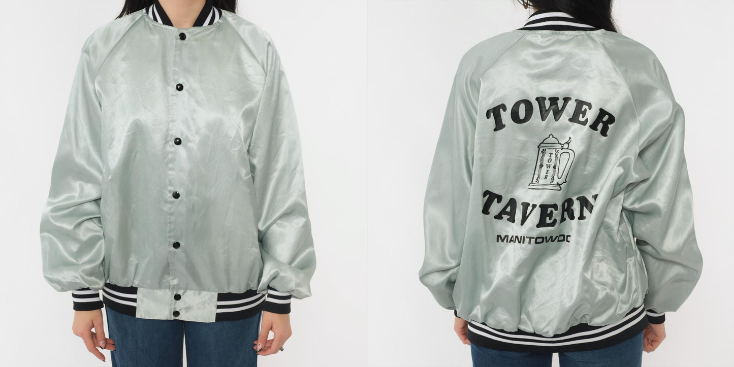 80s Silver Satin Bomber Jacket Tower Tavern Manitowoc Snap Front Men's Large