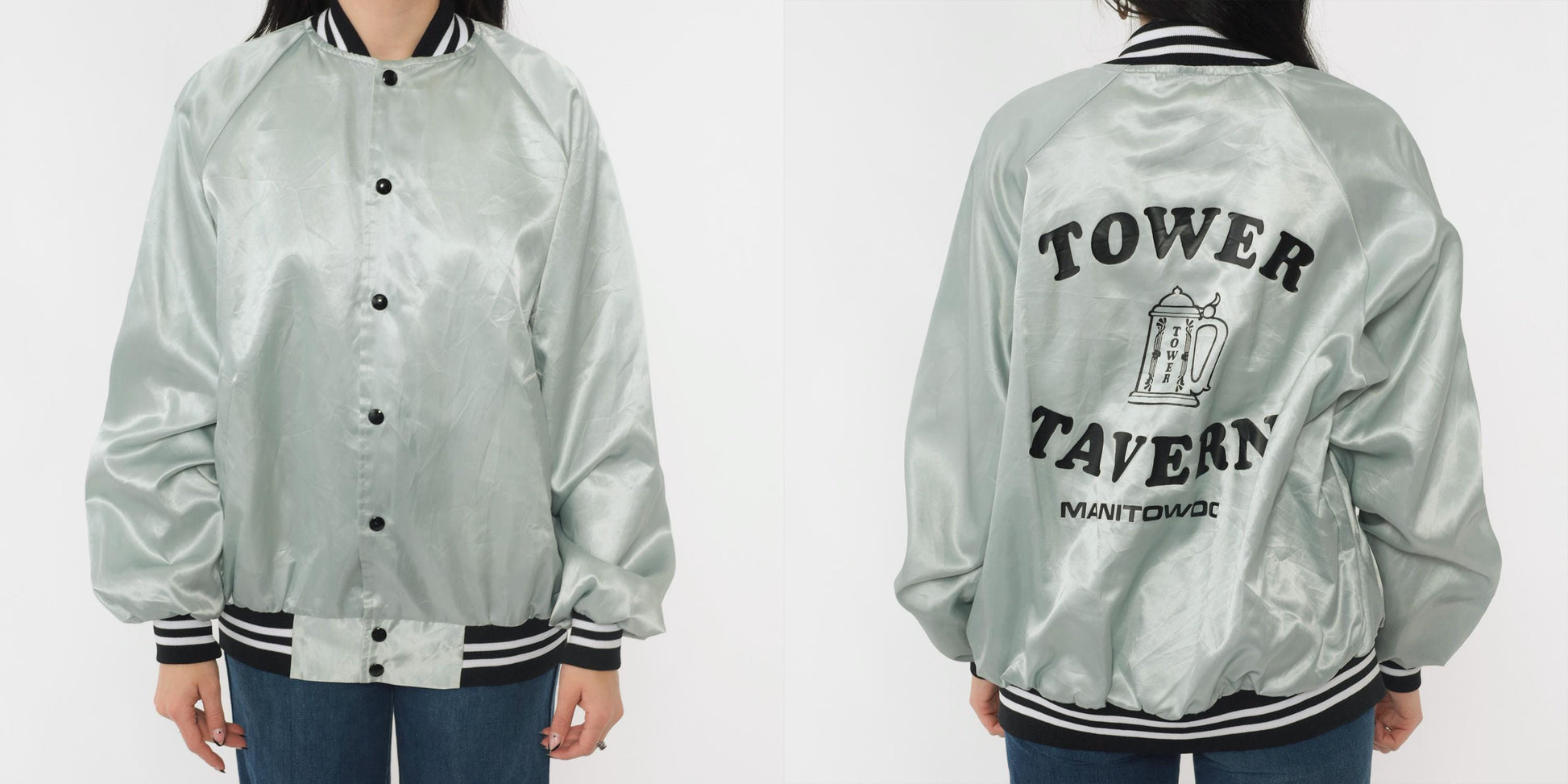 80s Silver Satin Bomber Jacket Tower Tavern Manitowoc Snap Front Men's Large