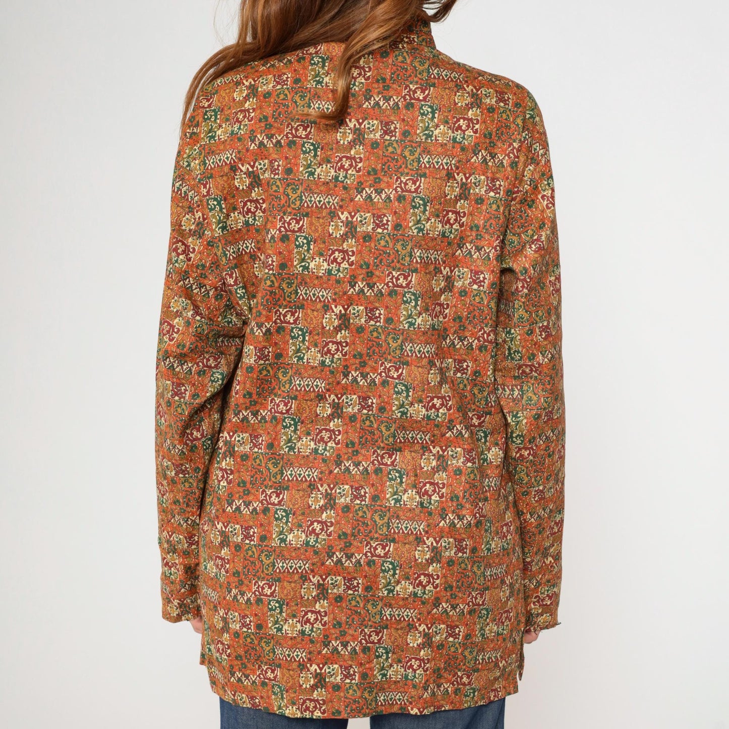 70s Patchwork Floral Stand Collar Tunic Shirt Orange Button Up Medium