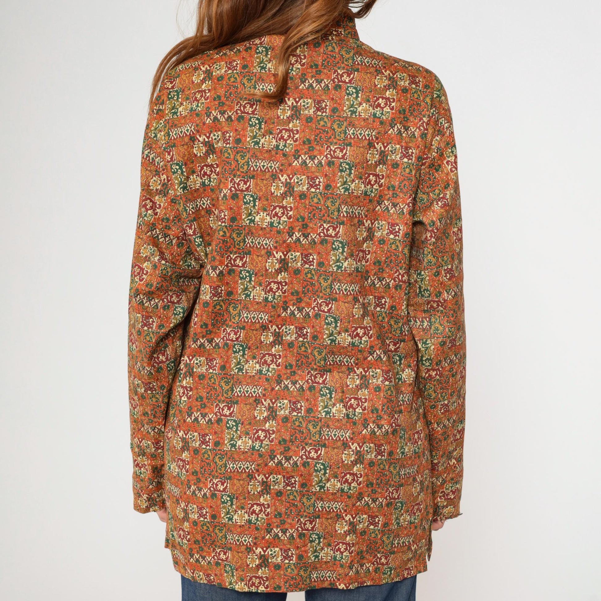 70s Patchwork Floral Stand Collar Tunic Shirt Orange Button Up Medium