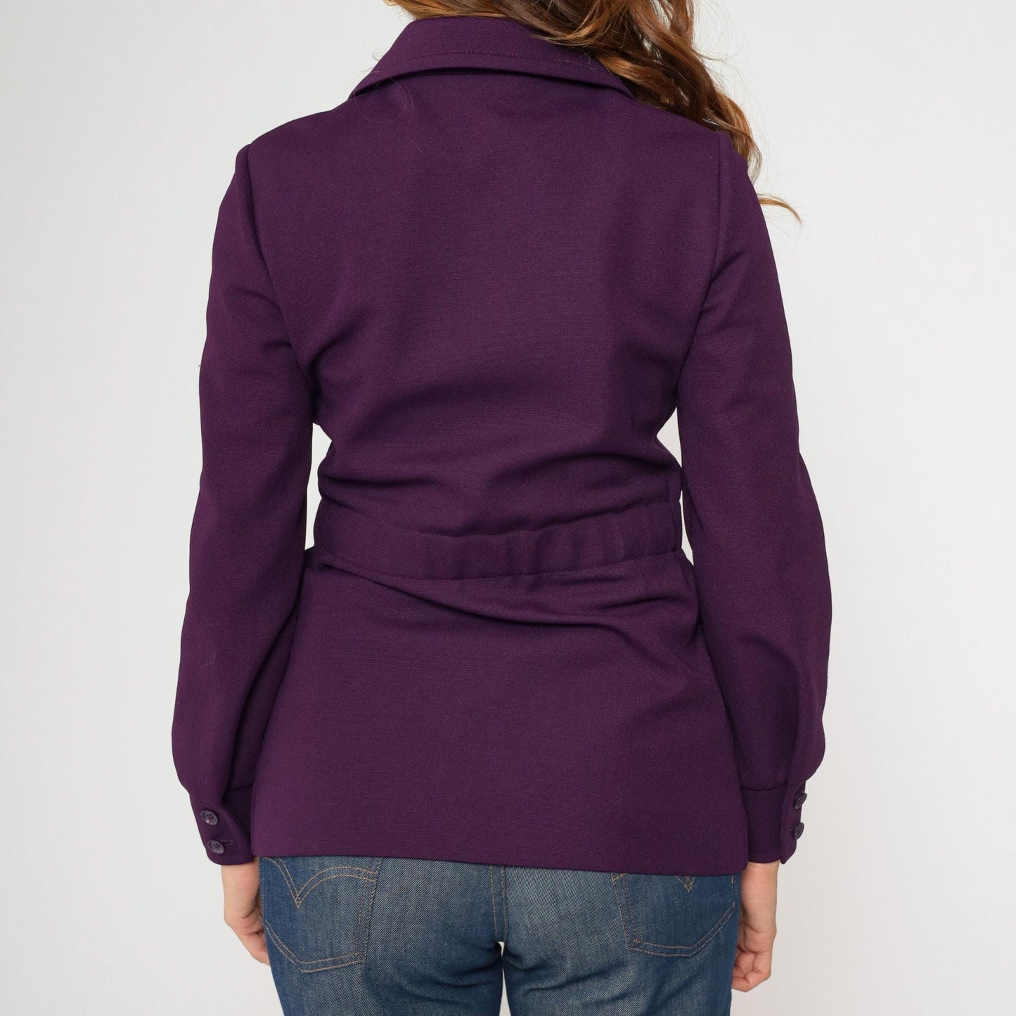 70s Purple Safari Jacket Wide Collar Belted Utility Pockets Small