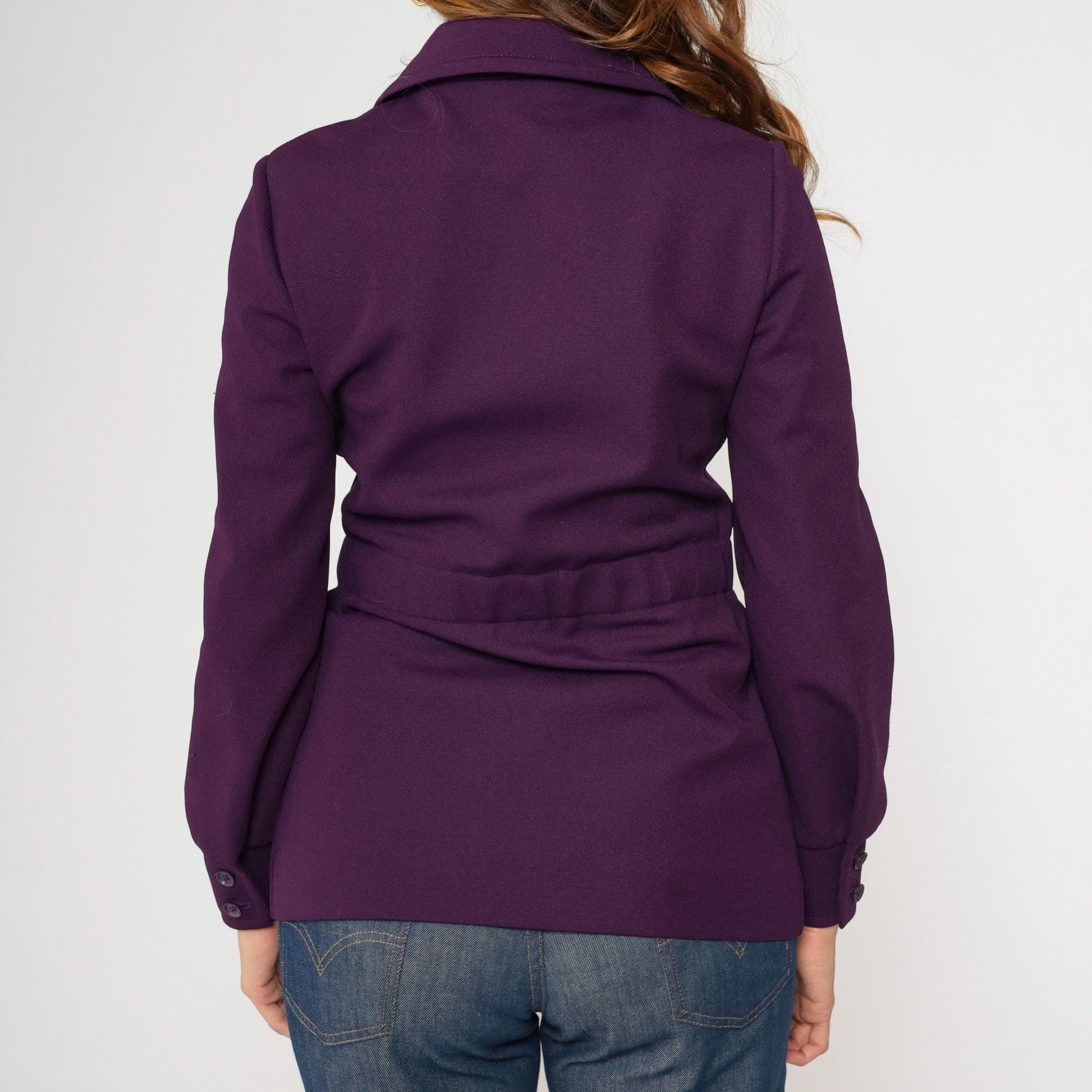 70s Purple Safari Jacket Wide Collar Belted Utility Pockets Small