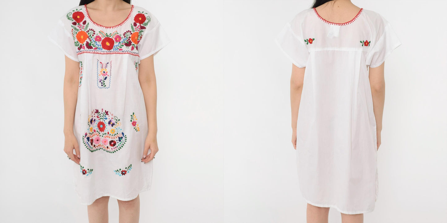 Y2K Mexican Floral Embroidered White Cotton Mini Dress Medium M