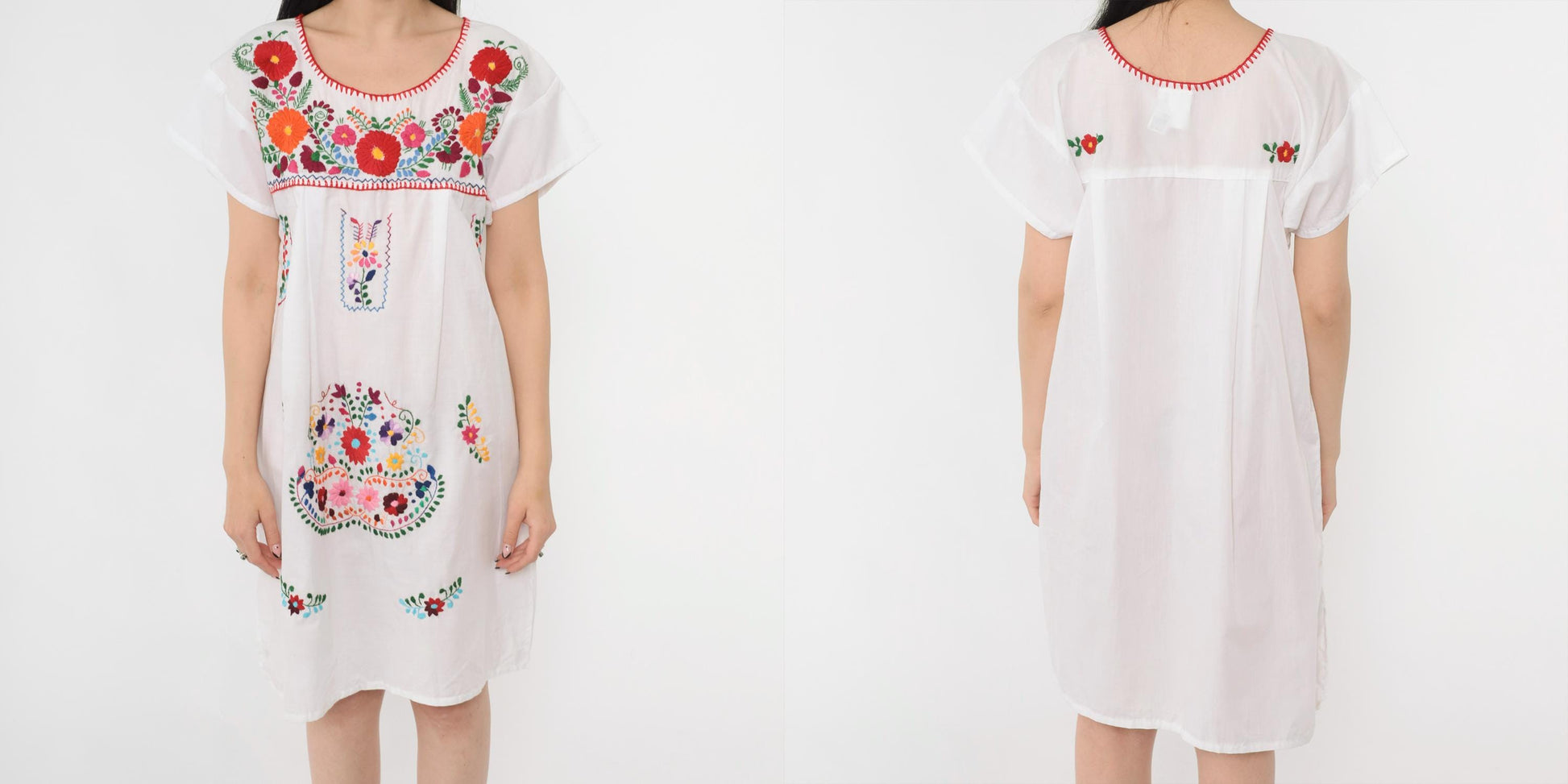 Y2K Mexican Floral Embroidered White Cotton Mini Dress Medium M
