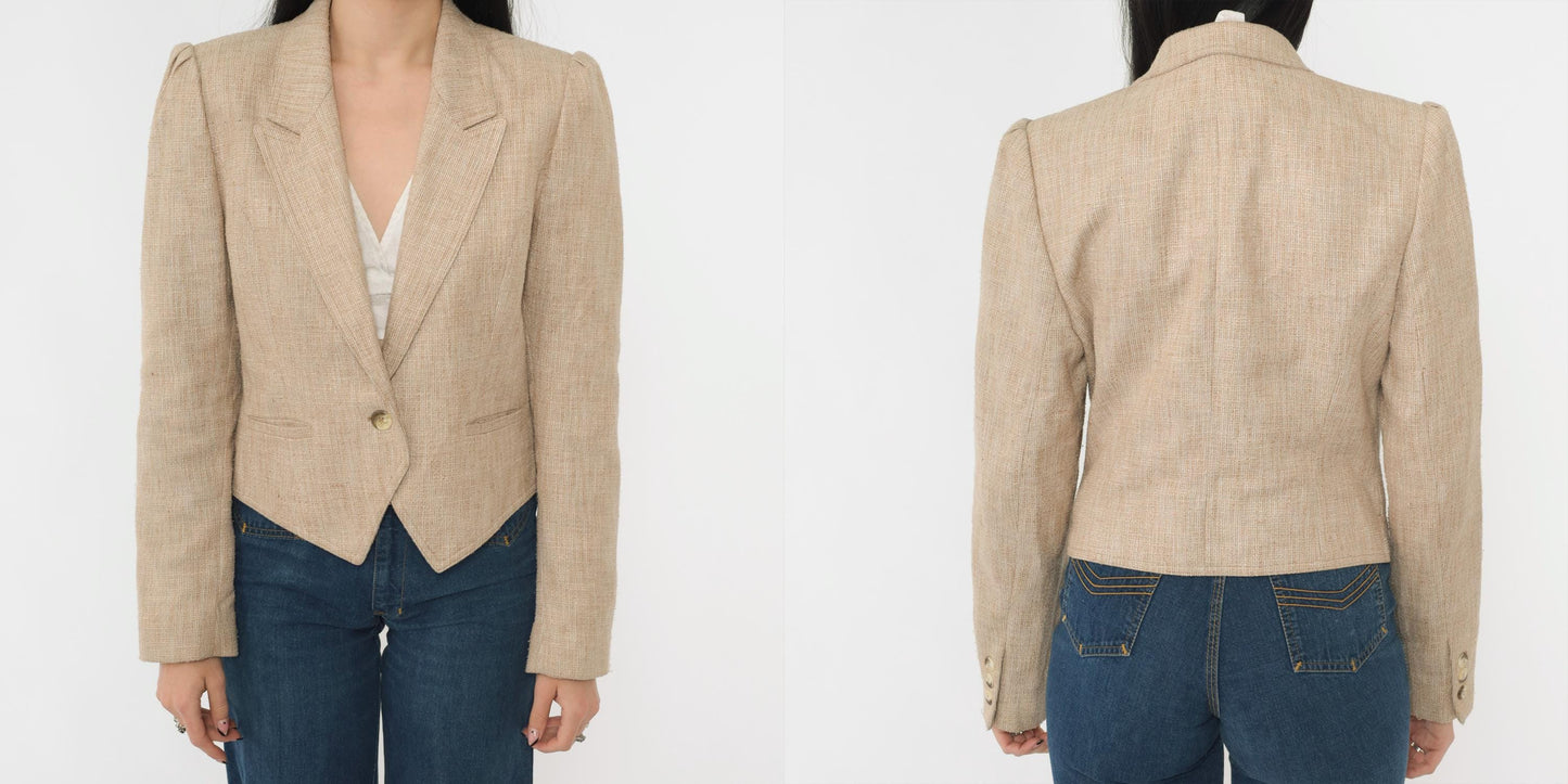 80s Tan Textured Blazer Puff Sleeve Single Button Cropped Tailored Medium