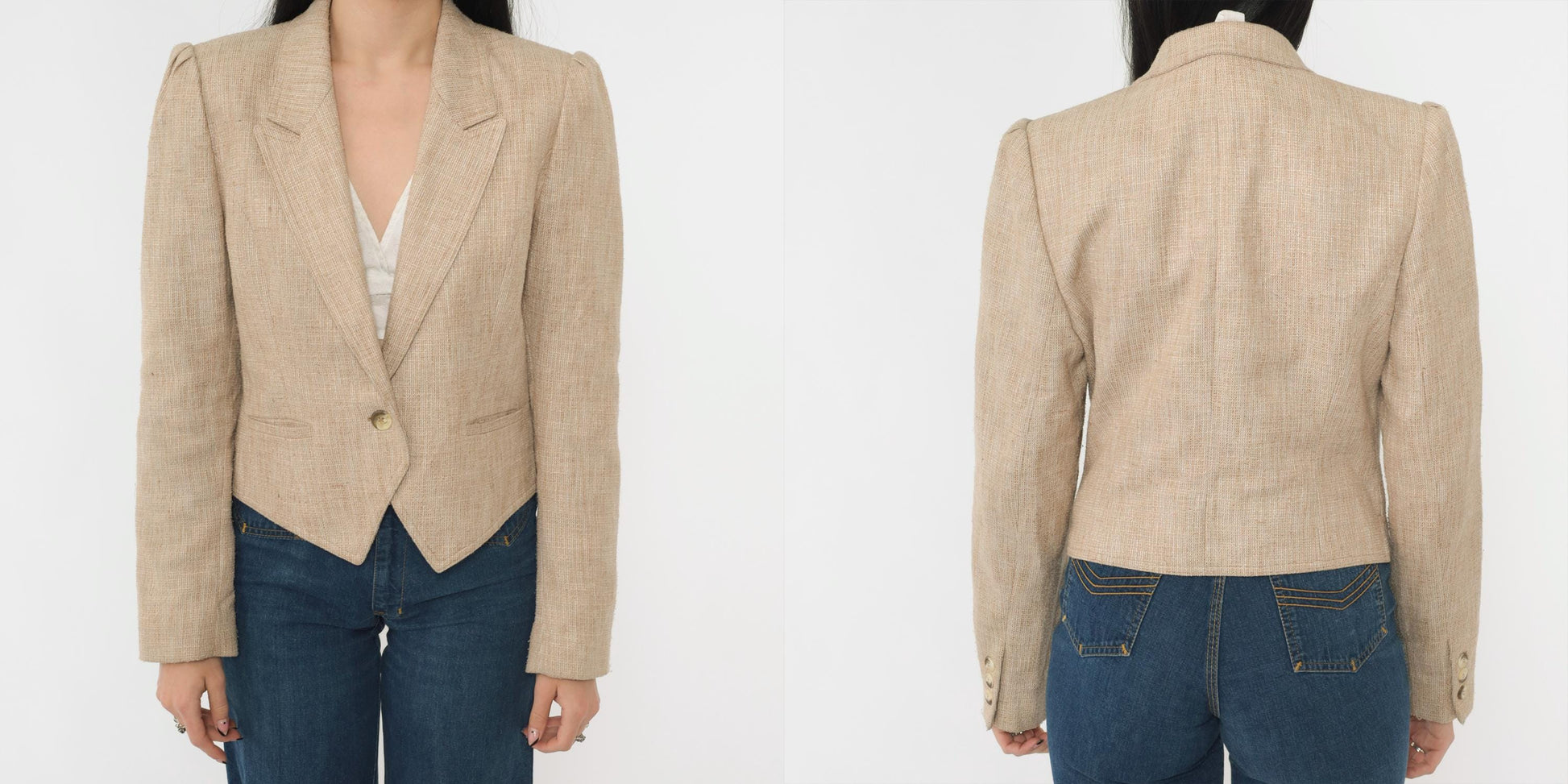 80s Tan Textured Blazer Puff Sleeve Single Button Cropped Tailored Medium