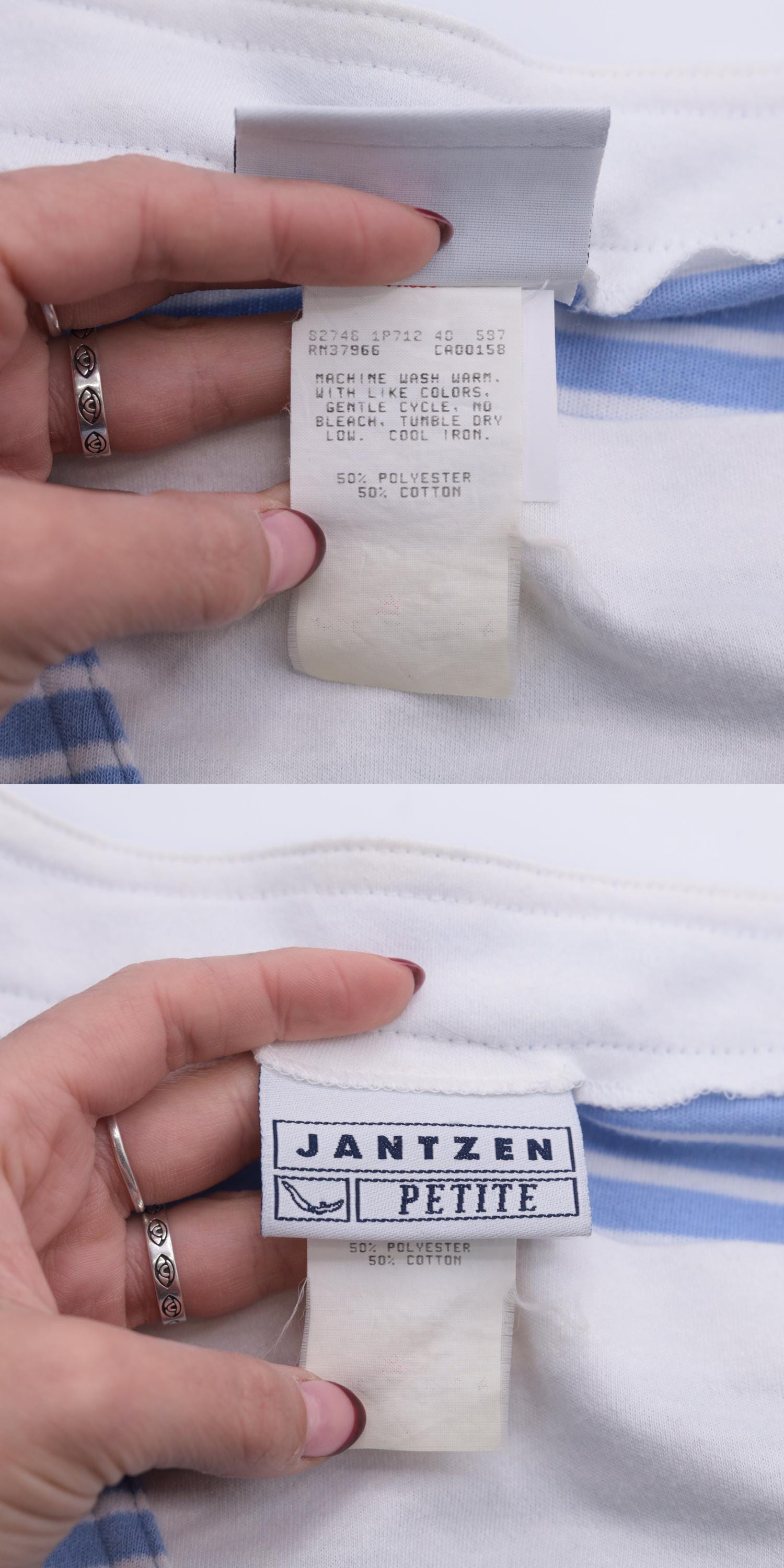 80s Jantzen Nautical Striped Shirt Light Blue White Drawstring Neck Medium Large