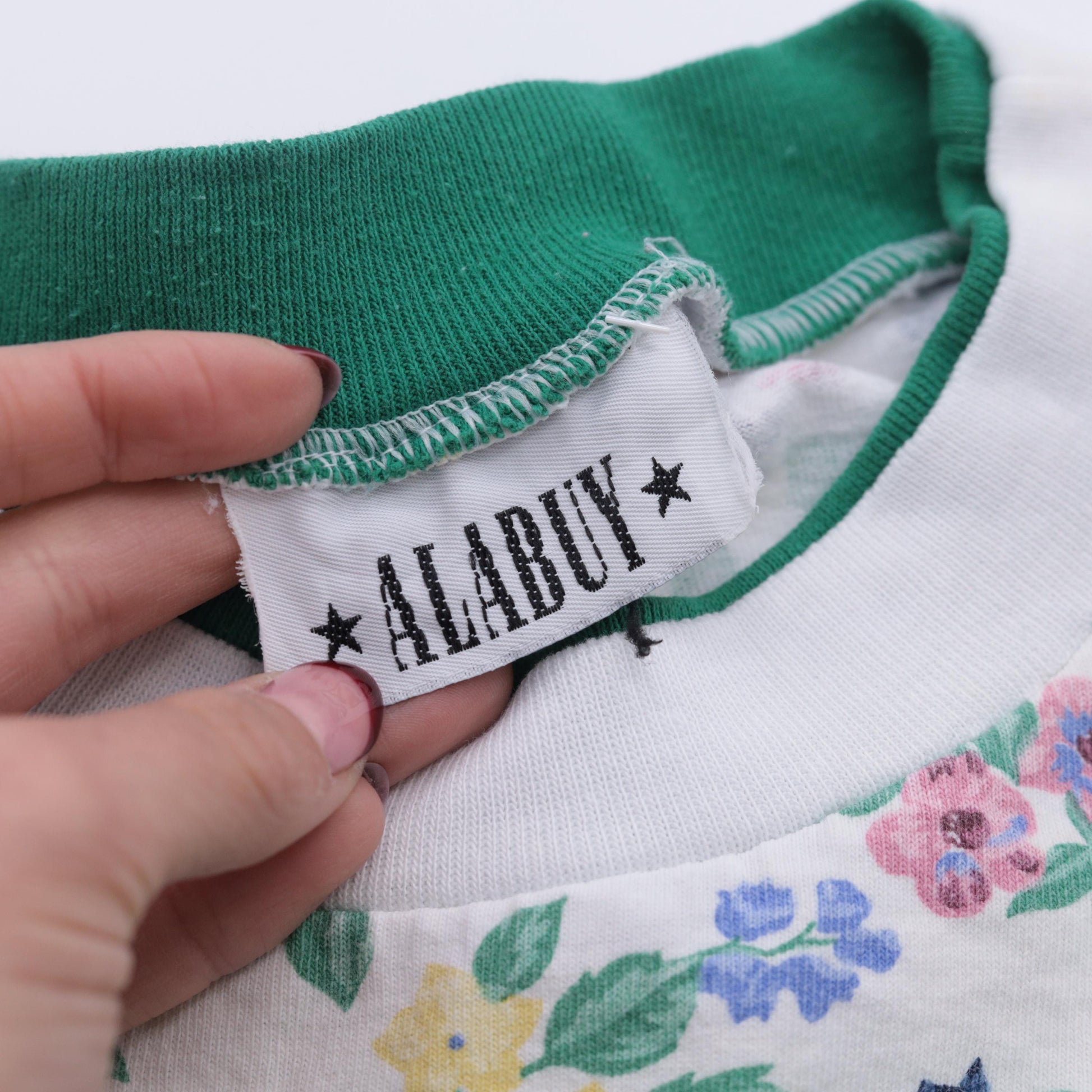 90s Floral Ringer Tee White Green Blue Rose Graphic Cuffed Sleeve Extra Large