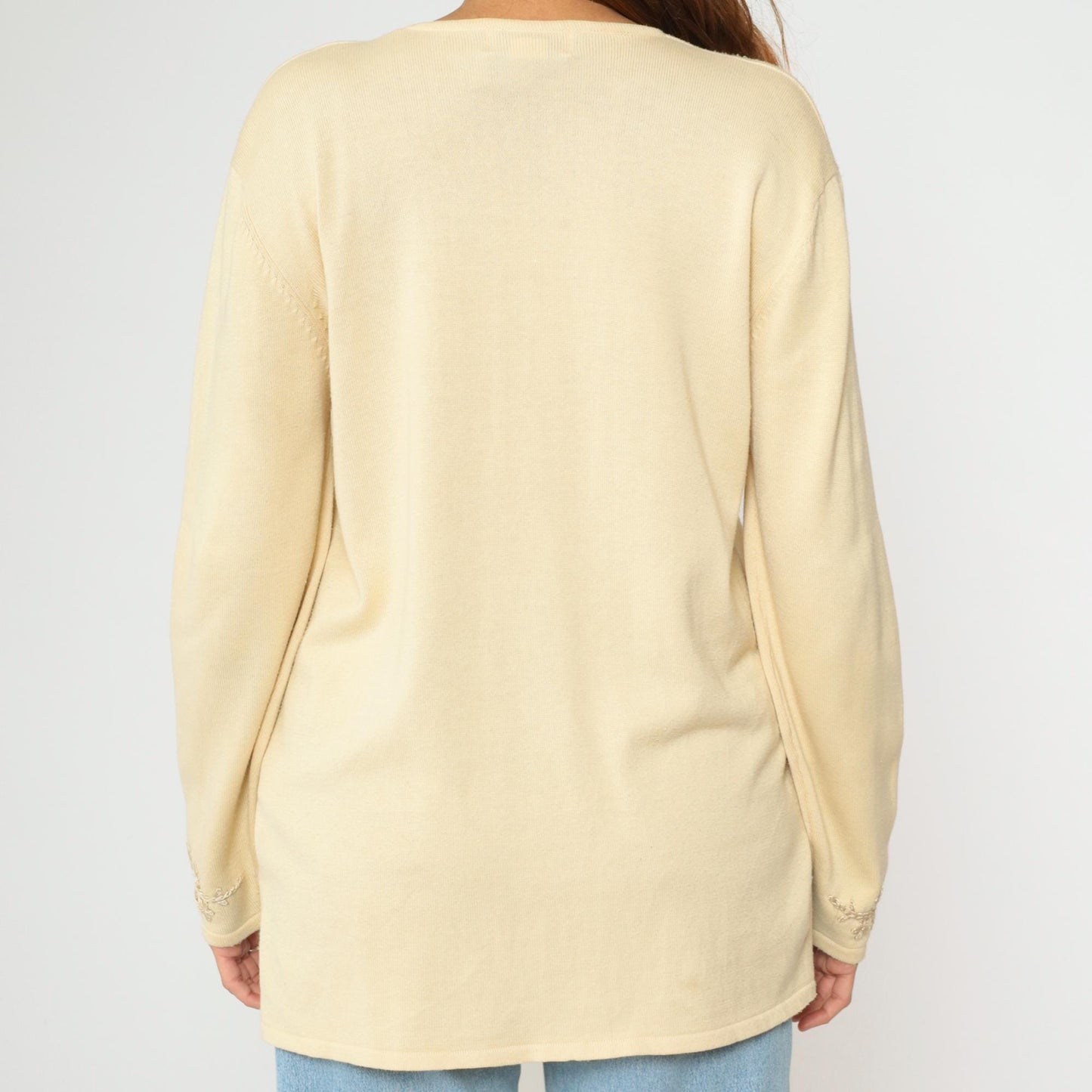 90s Cream Floral Embroidered Cardigan Sweater Longline V Neck Large L