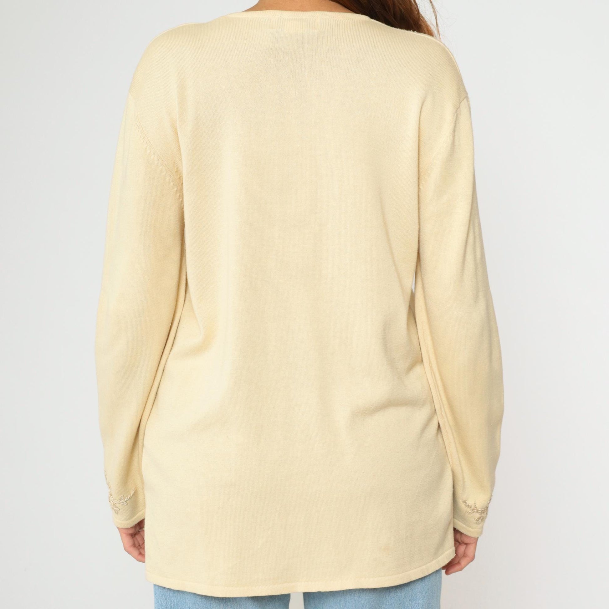 90s Cream Floral Embroidered Cardigan Sweater Longline V Neck Large L