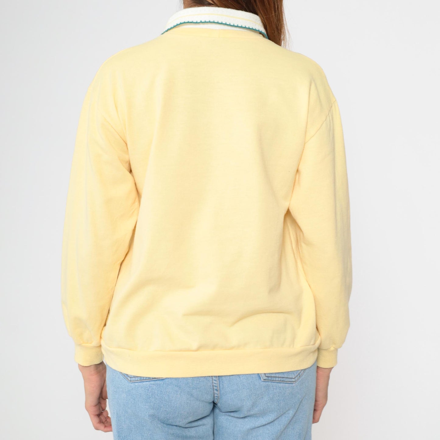 90s Yellow Floral Collared Sweatshirt Graphic Crewneck Medium M