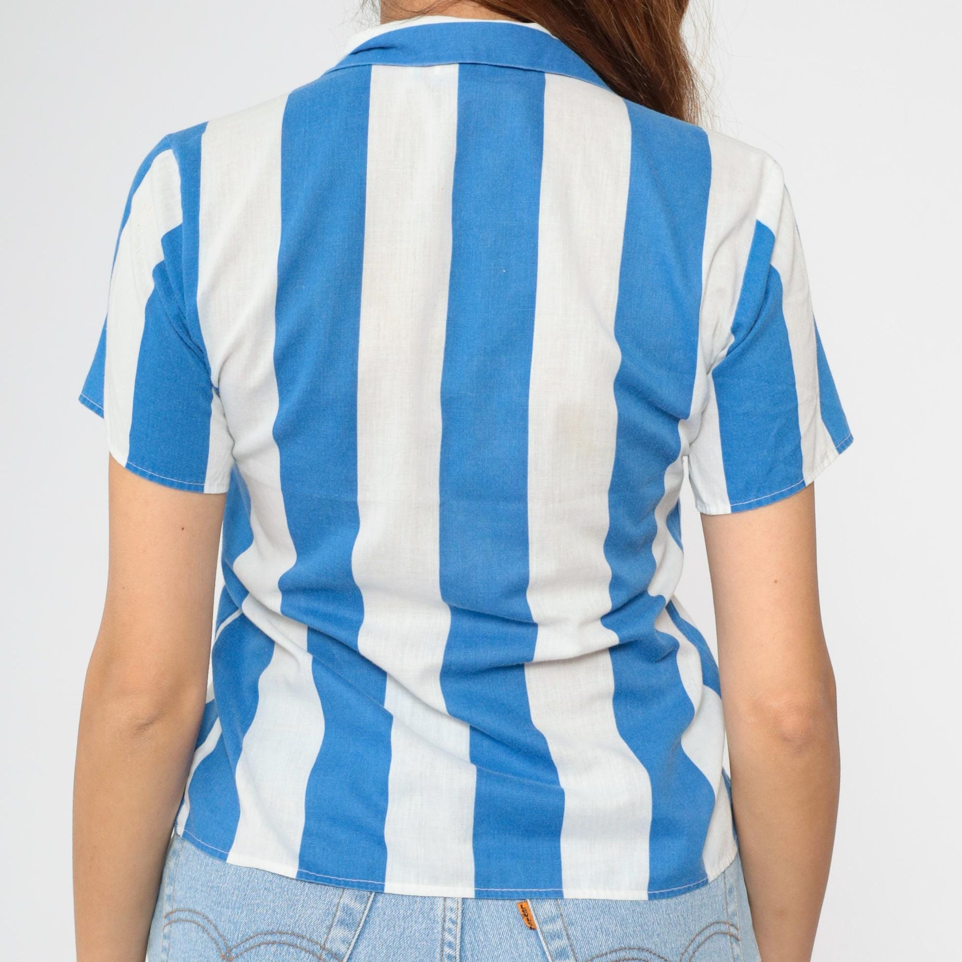 80s Blue & White Striped Button Up Shirt Short Sleeve Blouse Small
