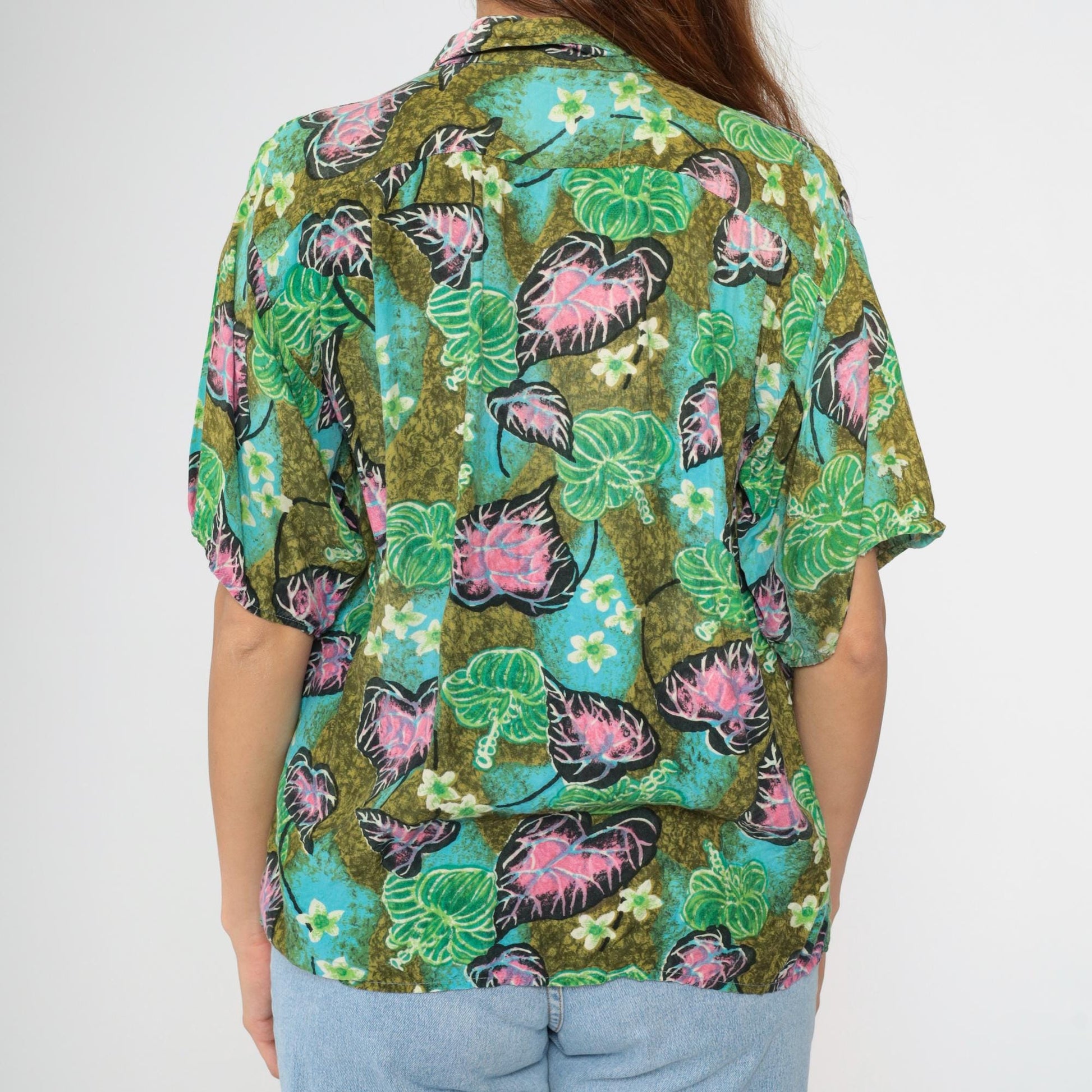 90s Tropical Floral Green Button Up Shirt Men's Medium Short Sleeve